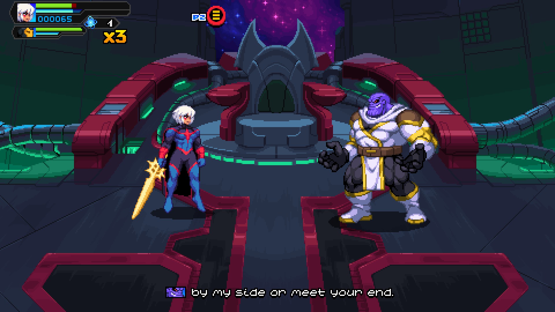 Phyla Vell meeting Thanos in Marvel Cosmic Invasion.