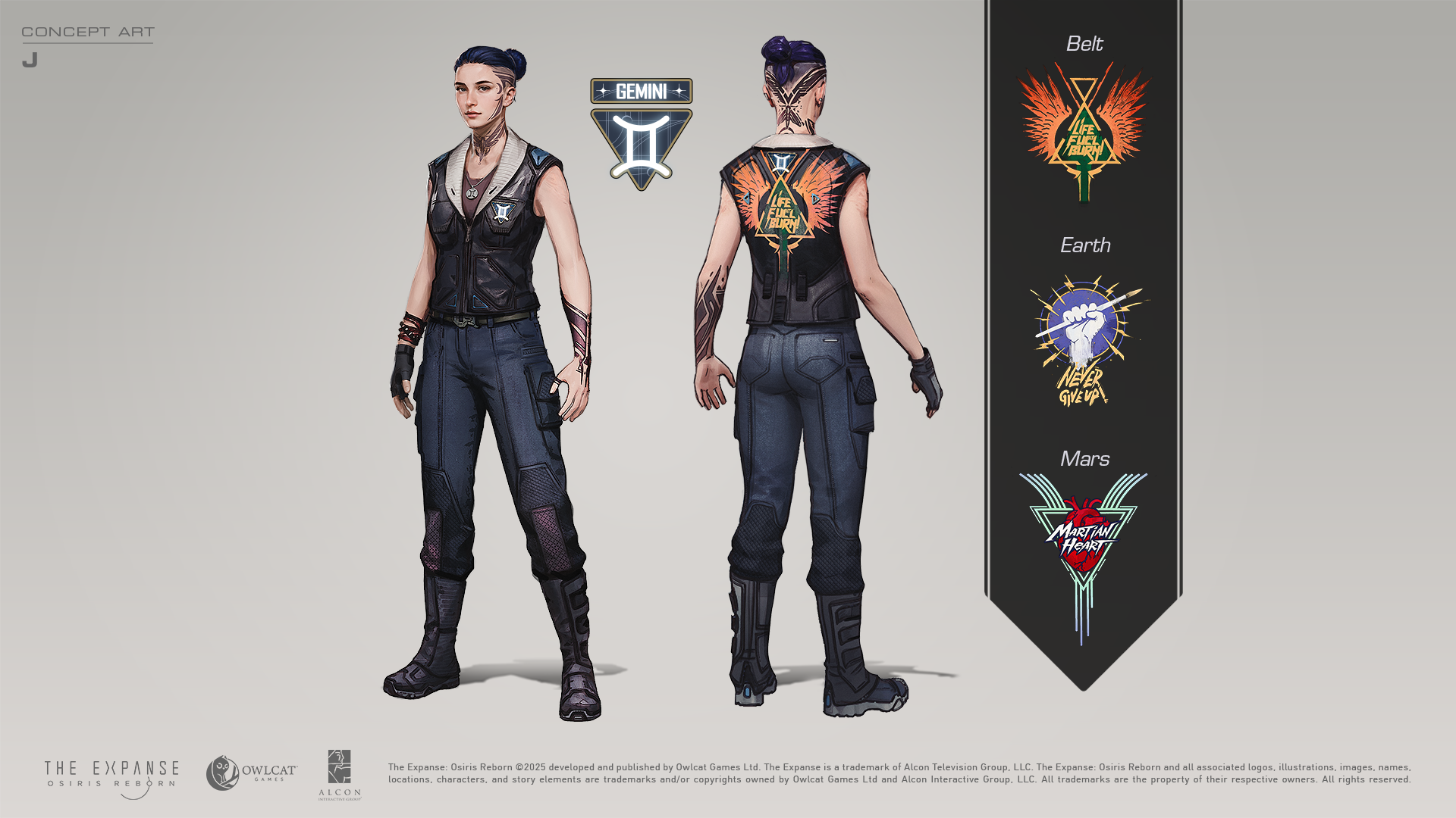 Concept art of J, a companion in The Expanse: Osiris Reborn.