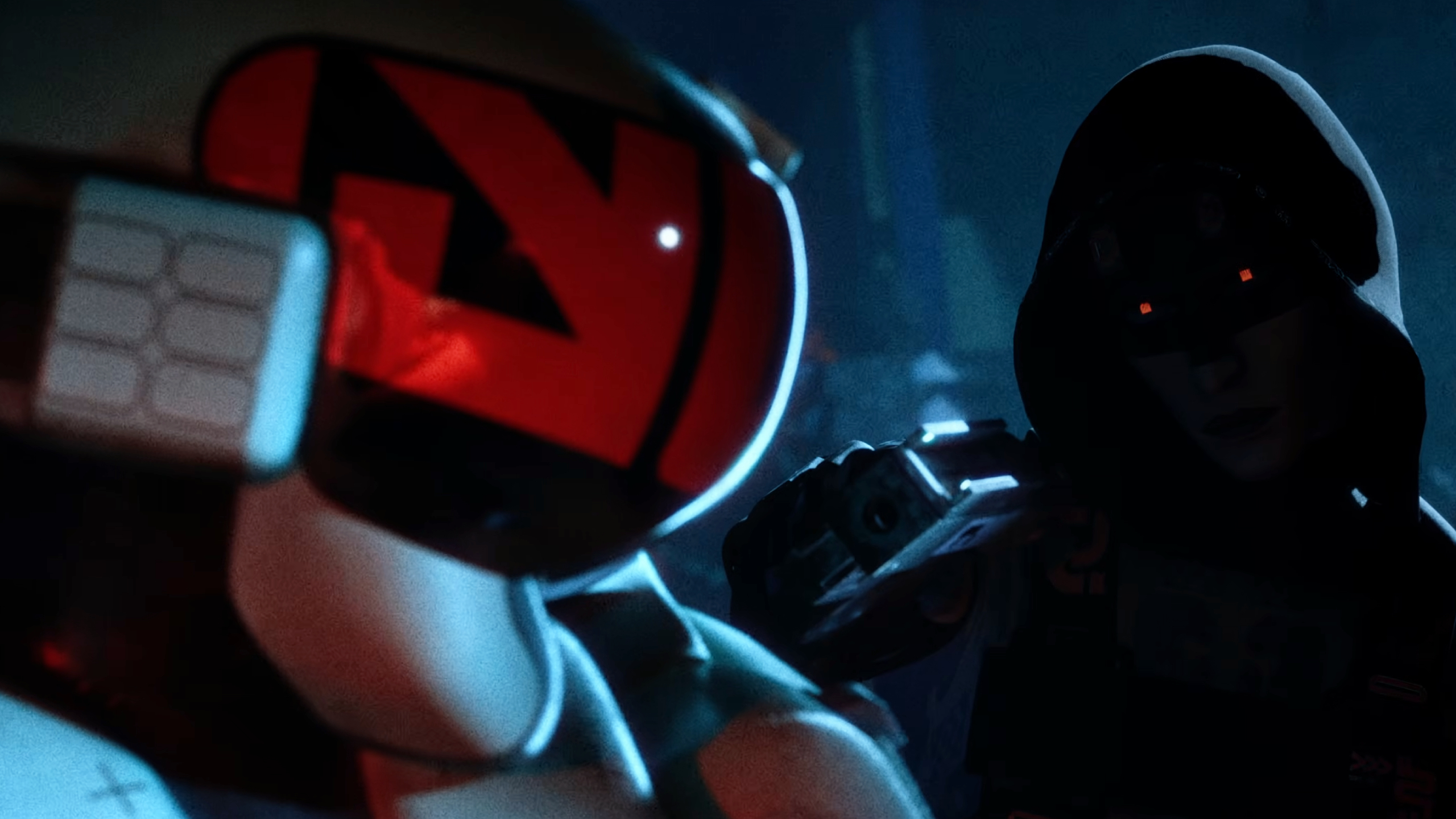 Marathon: A close-up shot of Destroyer being ambushed by Assassin, with their gun drawn.