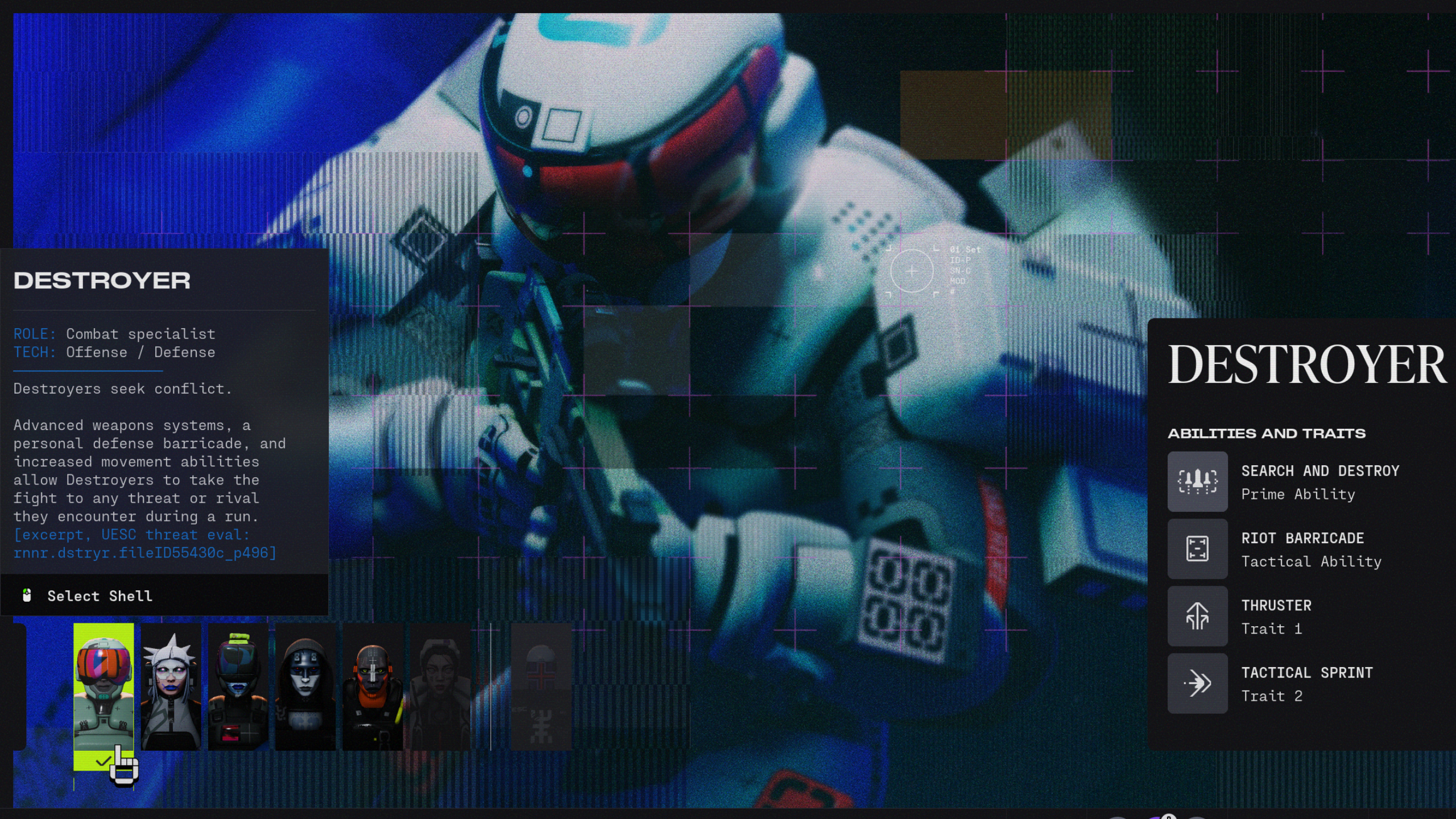 Best Marathon characters: The Destroyer Runner Shell in the main menu, showing the character and their class abilities.