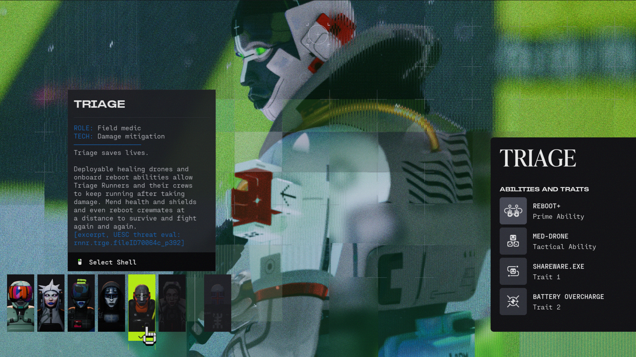 Best Marathon characters: The Triage Runner Shell in the main menu, showing the character and their class abilities.