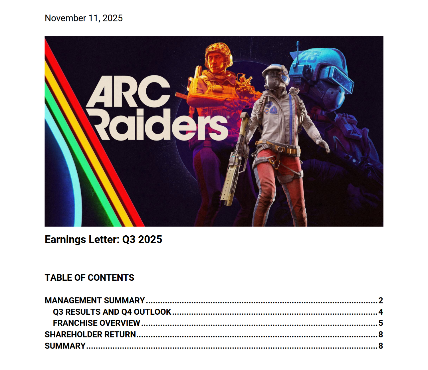 Nexon Q3 2025 earnings letter with Arc Raiders key art at the top