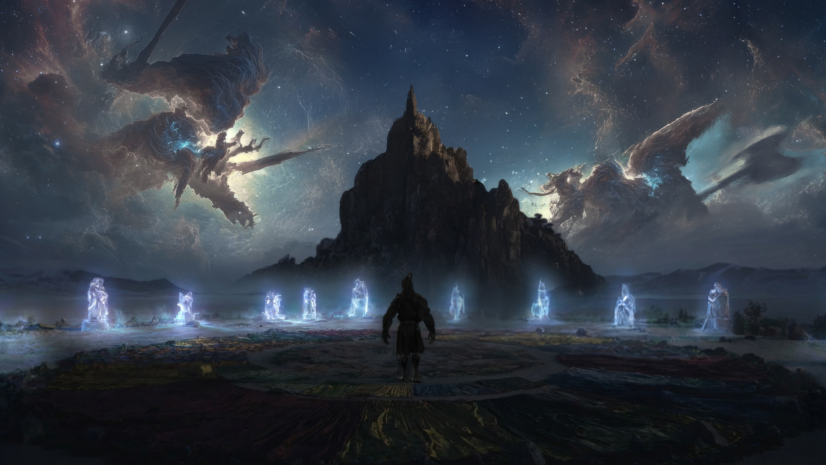 The Hero King walking into a space surrounded by astral spirits in Project Windless.
