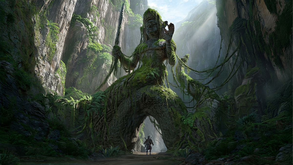 Project Windless concept art of the Hero King standing beneath an overgrown statue.