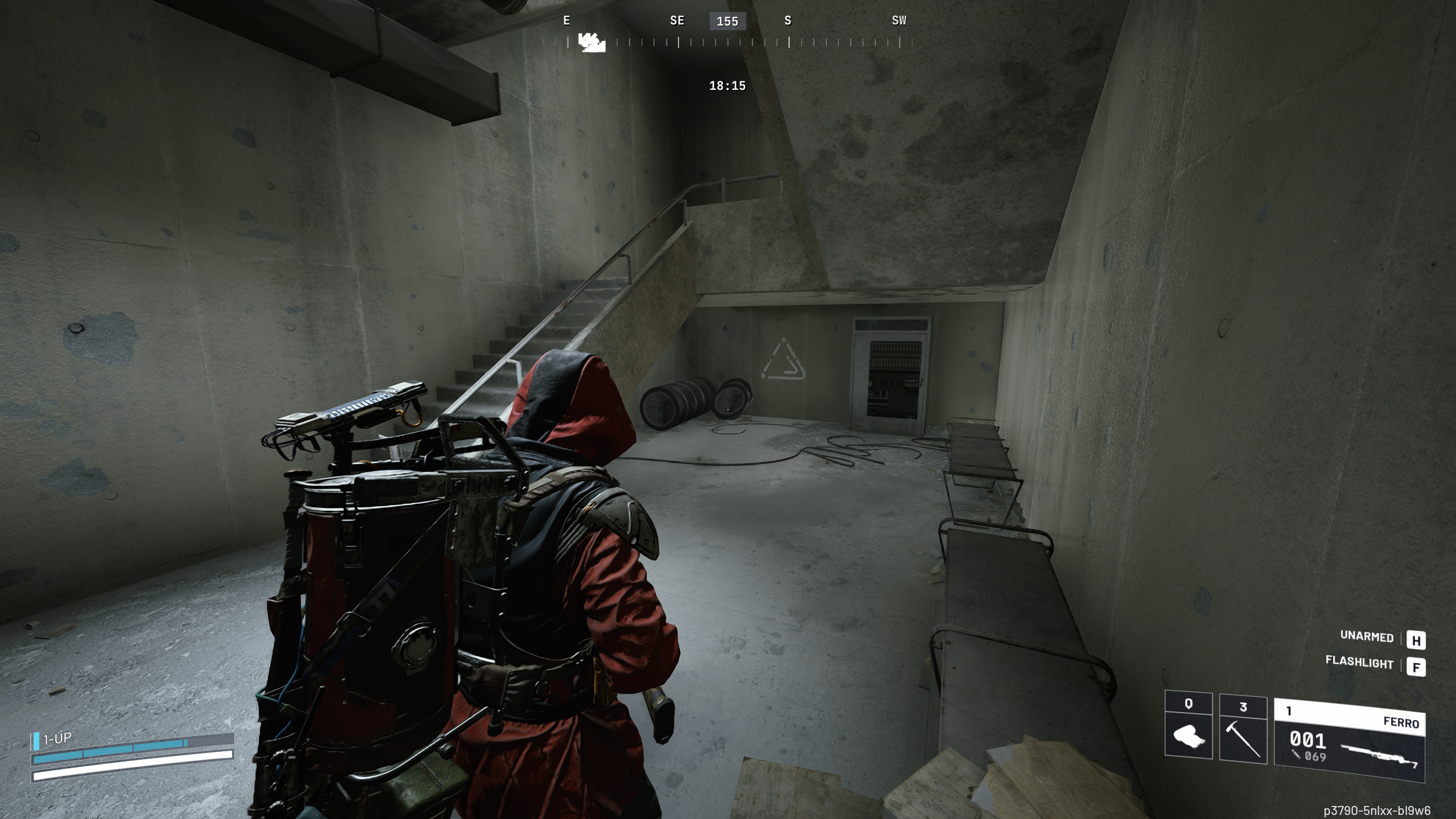 Arc Raiders Furtive Meetings: A player looking at a bright staircase with white graffiti on the wall, signifying a secret meeting spot.