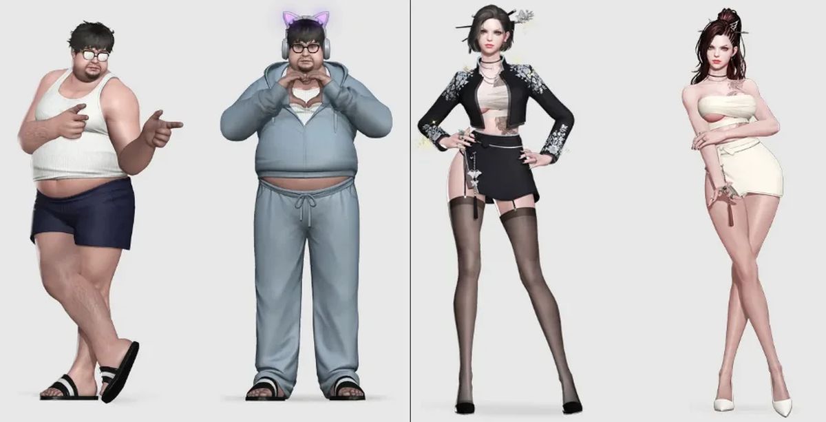 Lost Ark's warrior skins, with men given glasses, slides, and a singlet that doesn't fit, while women get a tiny skirt and boob-strap