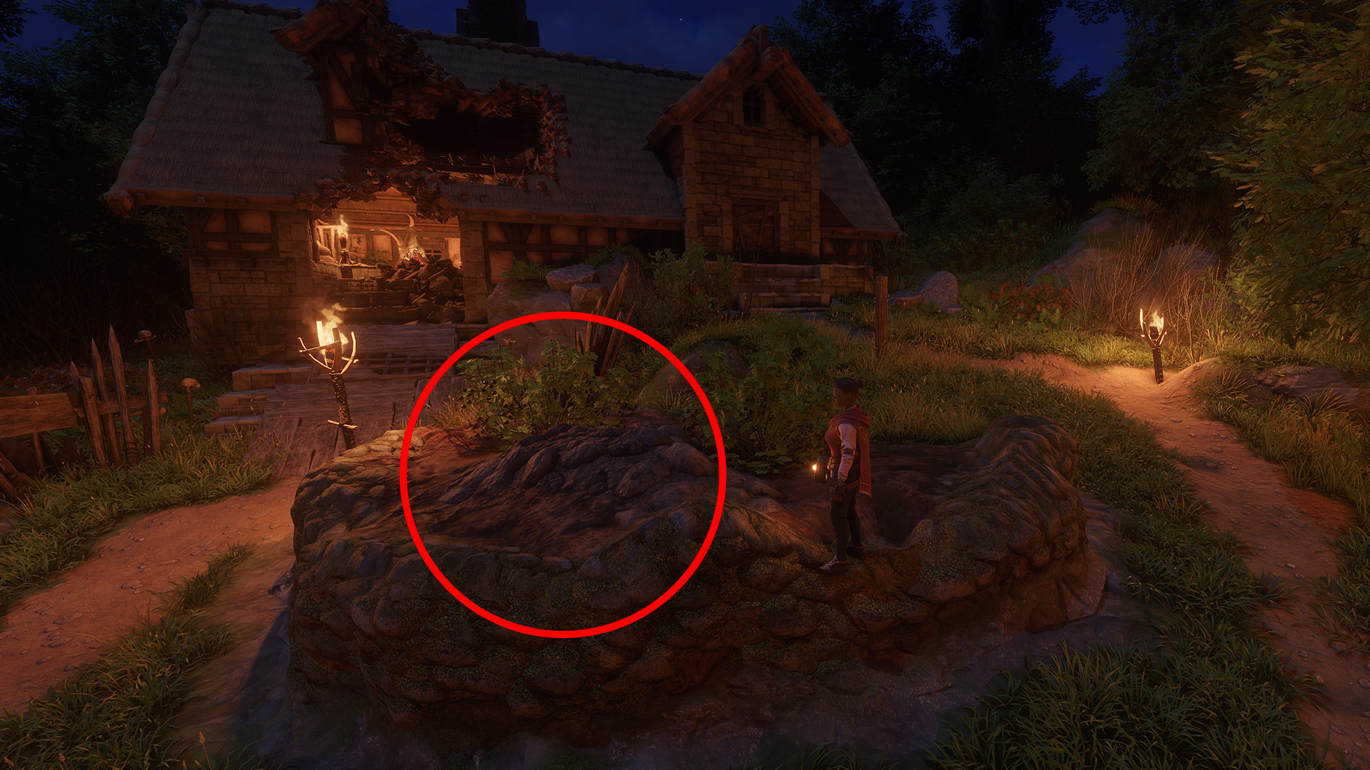 The gnome location in Enshrouded, hidden underground in a garden and highlighted by a red circle