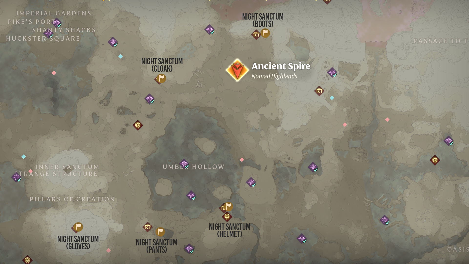 An Enshrouded map highlighting where to go for the Empyrean cosmetic set