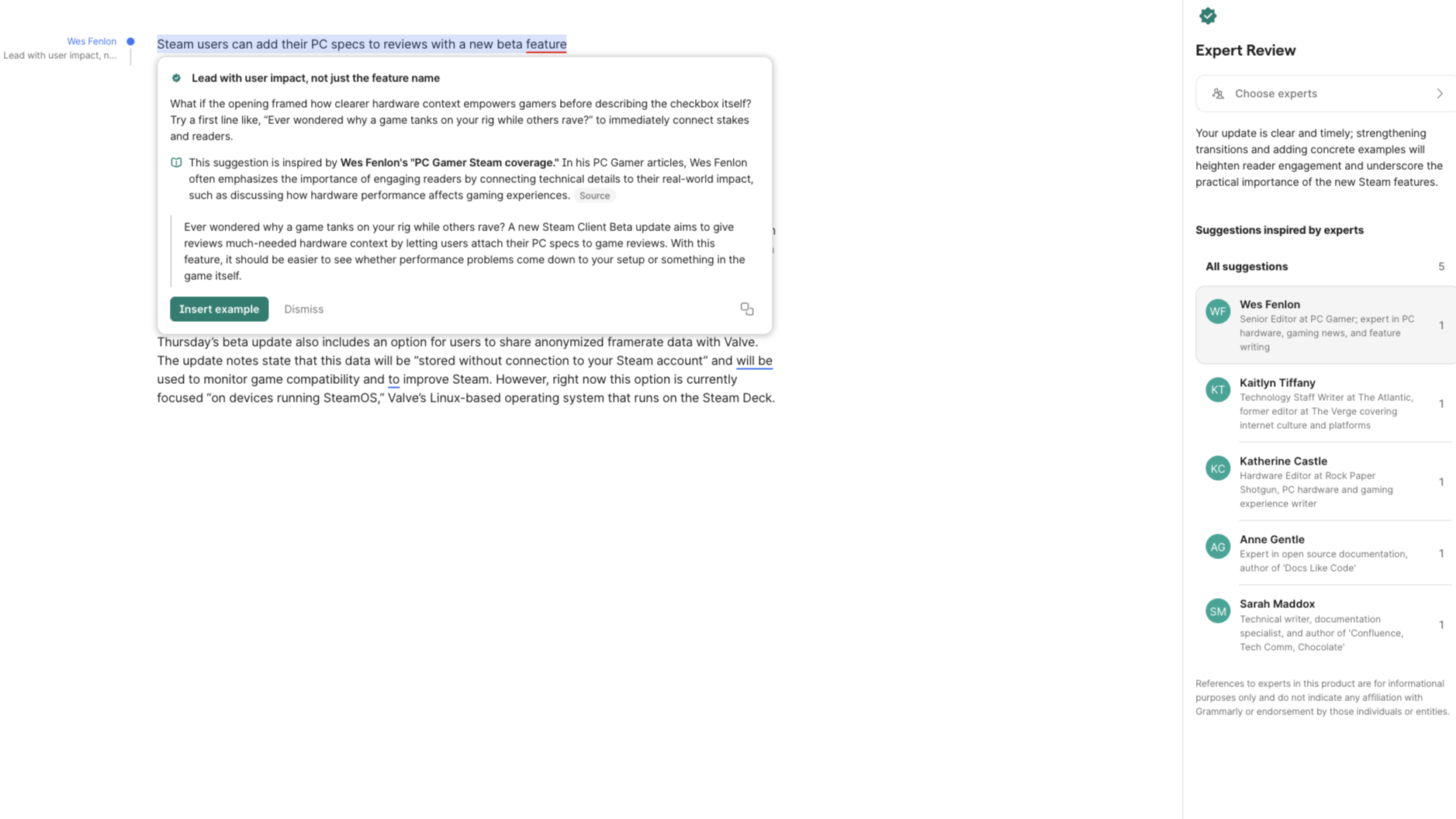 A screenshot of Grammarly's now-disabled AI 