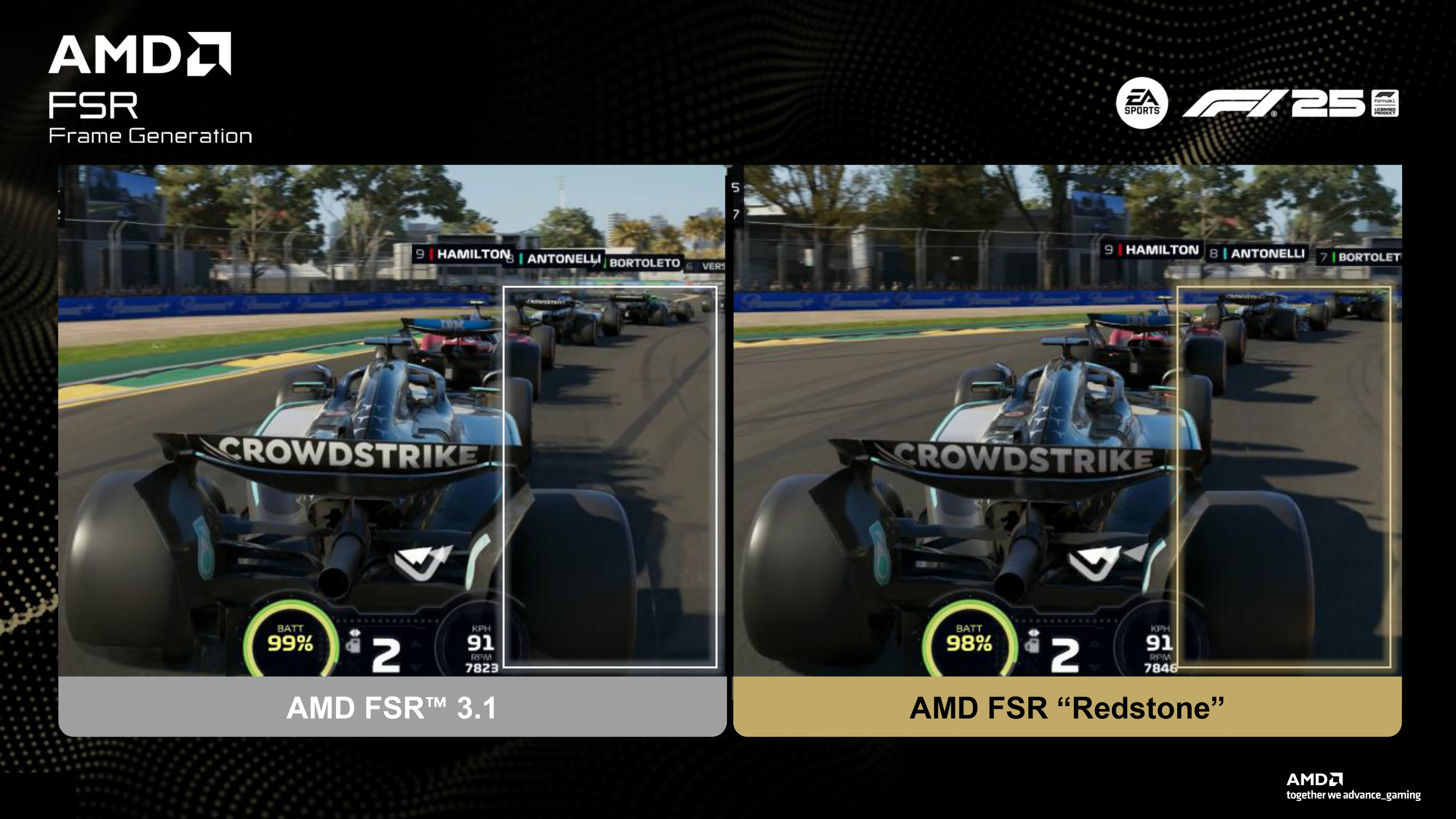 A presentation slide from AMD's FSR Redstone Press Deck, as issued December 2025