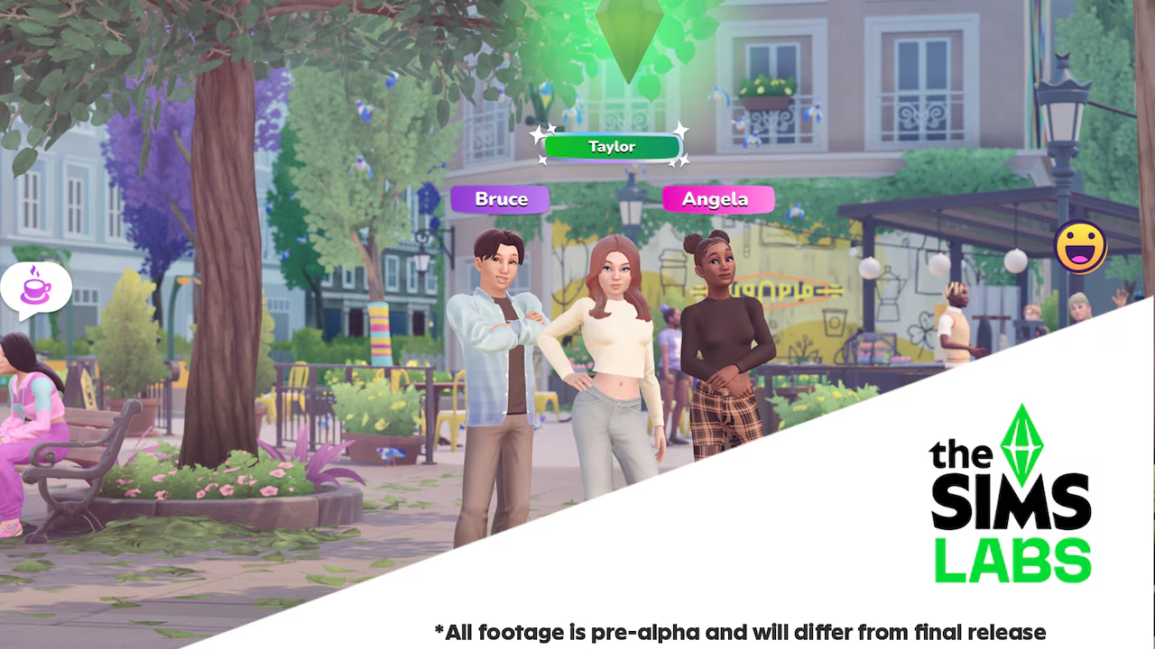 The Sims Labs logo on top of an image of three Sims with player names posing together in a small outdoor plaza.