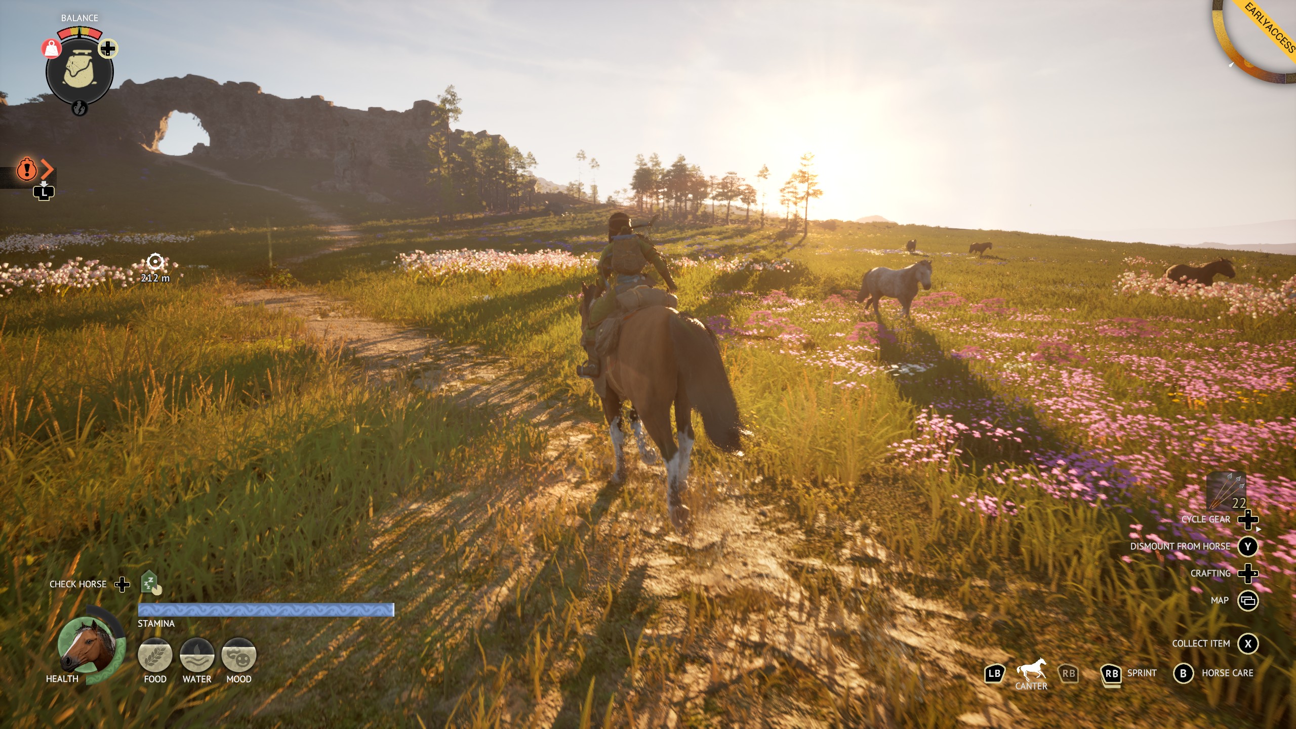 The Legend of Khiimori - Naara rides a horse on a dirt road through a plain at daybreak