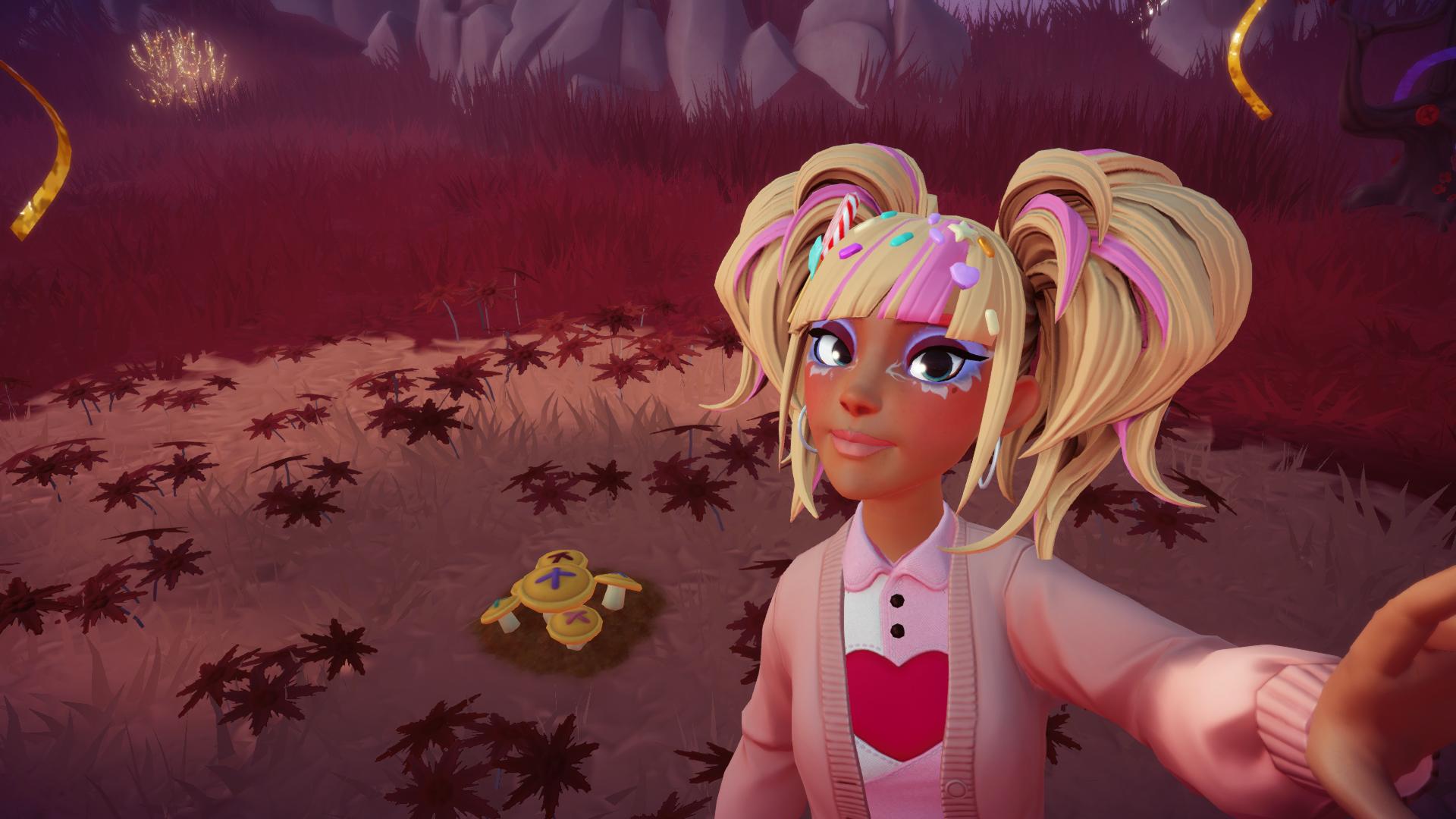 Disney Dreamlight Valley player and button mushrooms in Glamour Gulch