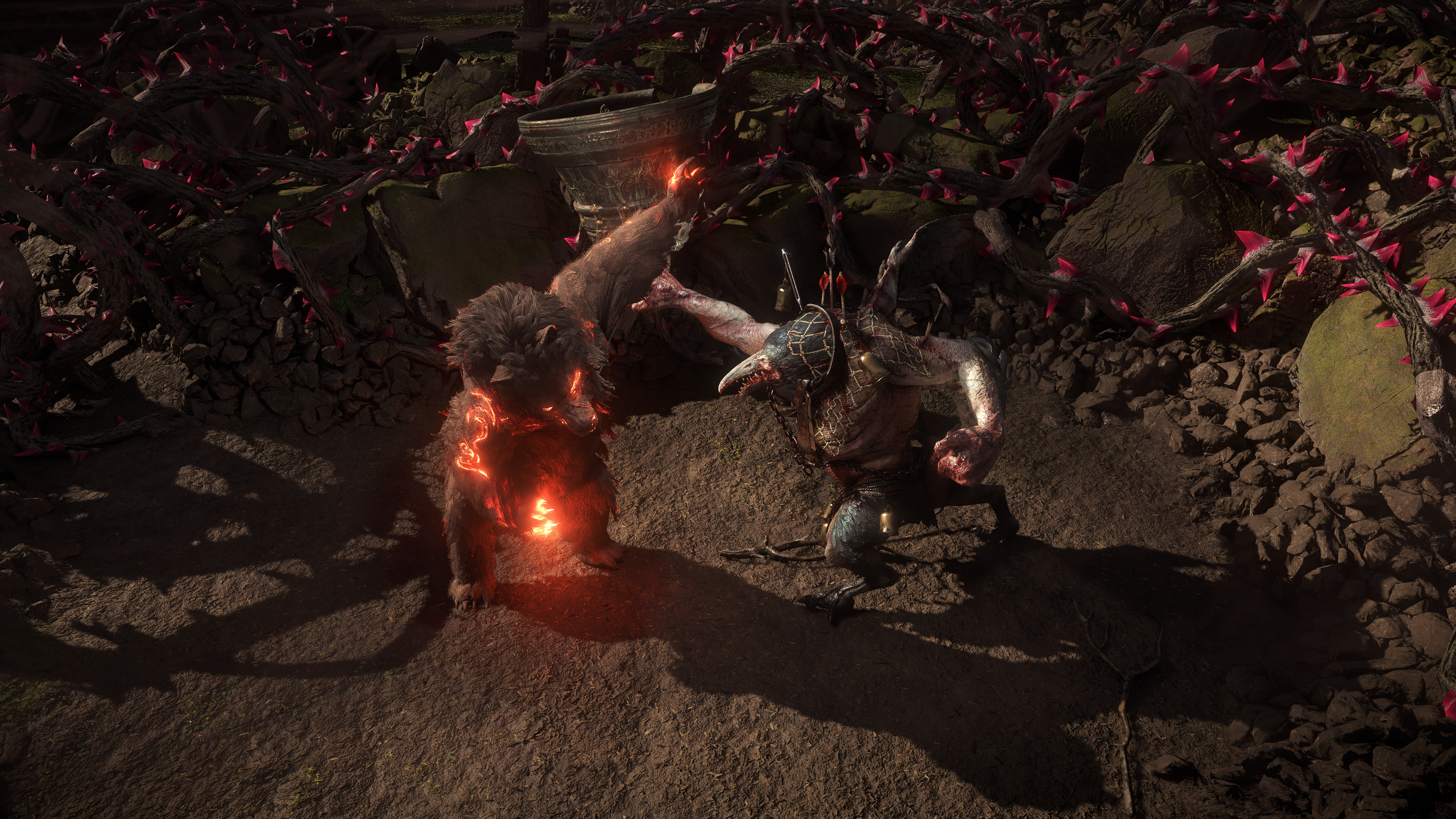 A promotional screenshot of Path of Exile 2's The Last of the Druids update. A massive bear claws at a giant enemy.