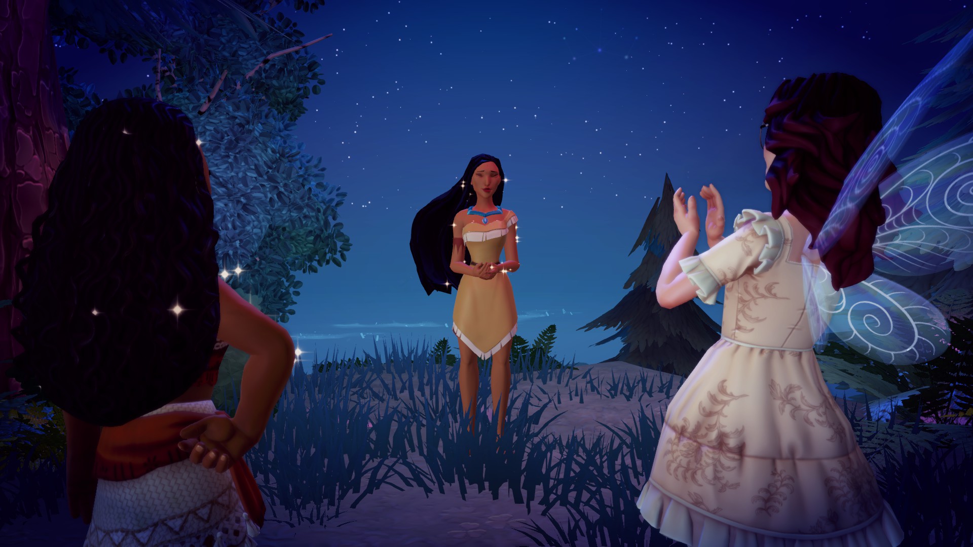 Disney Dreamlight Valley character and Moana looking at Pocahontas