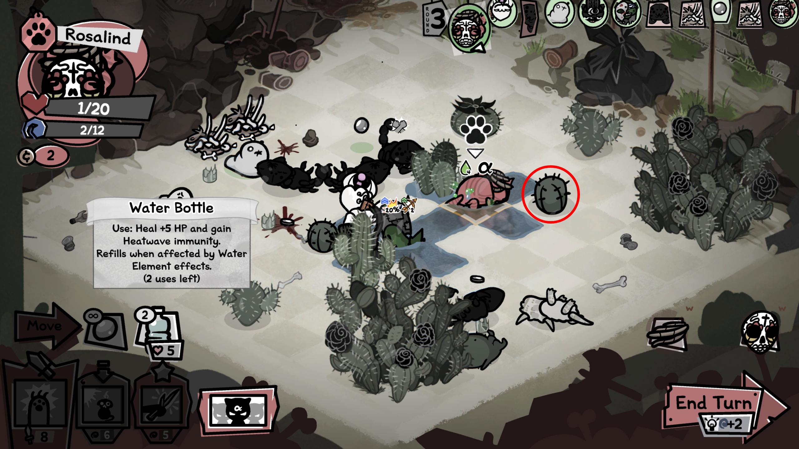 Mewgenics Desert Heat Wave: A screenshot of combat, with various puddles in the ground. There is a red circle highlighting a cactus that you can break.