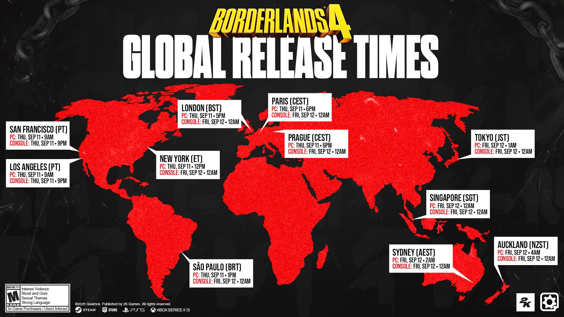 The Borderlands 4 Global Release Times map showing every continent the same shade of red, indicating everyone can play at the same time.