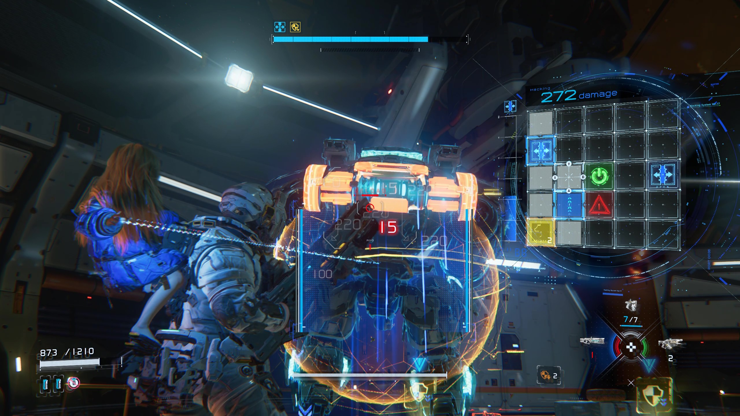 Pragmata Sector Guard: A player shooting at and hacking the Sector Guard boss.