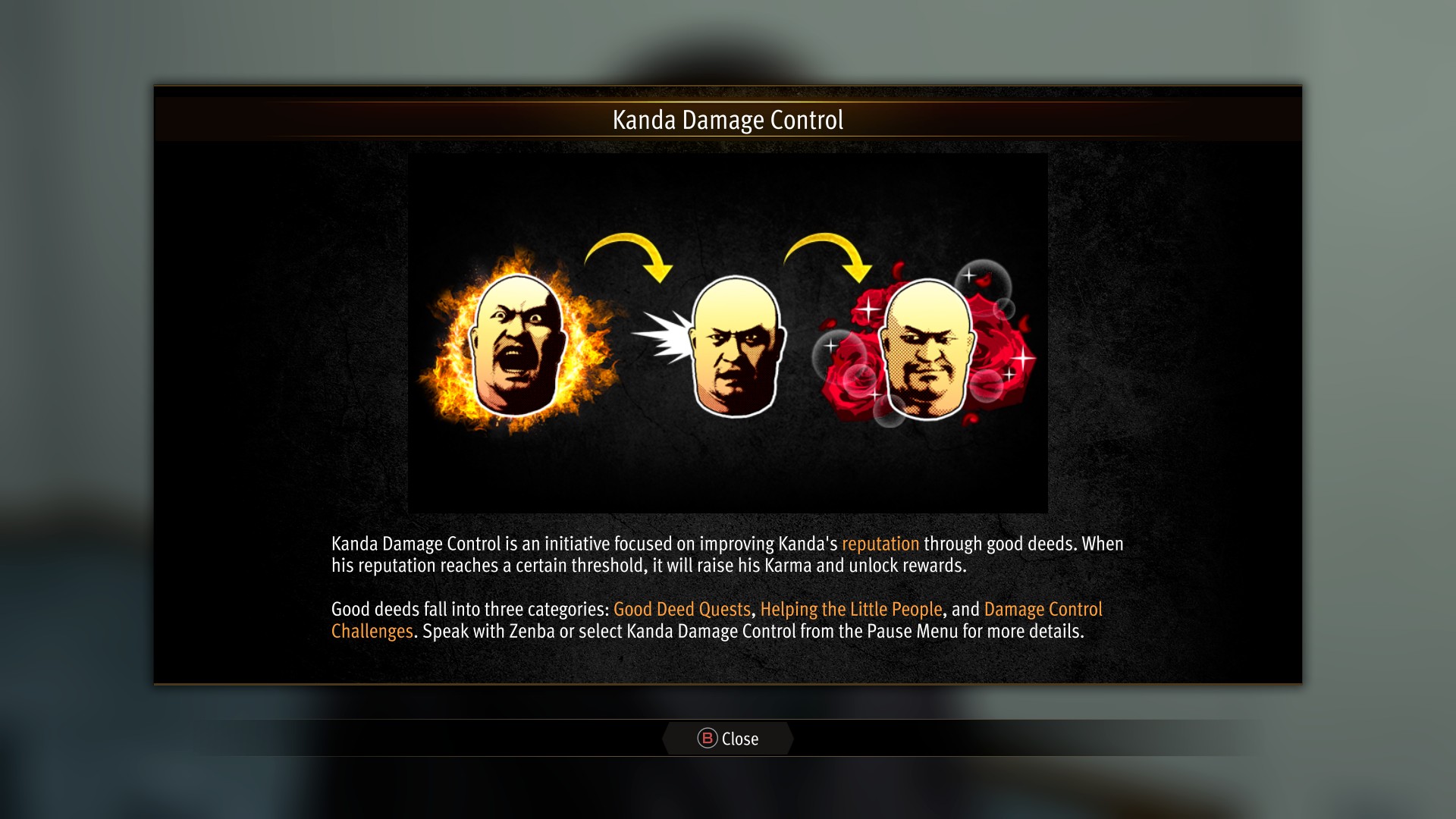 A tooltip explaining the reputation system in the Dark Ties storyline in Yakuza Kiwami 3.