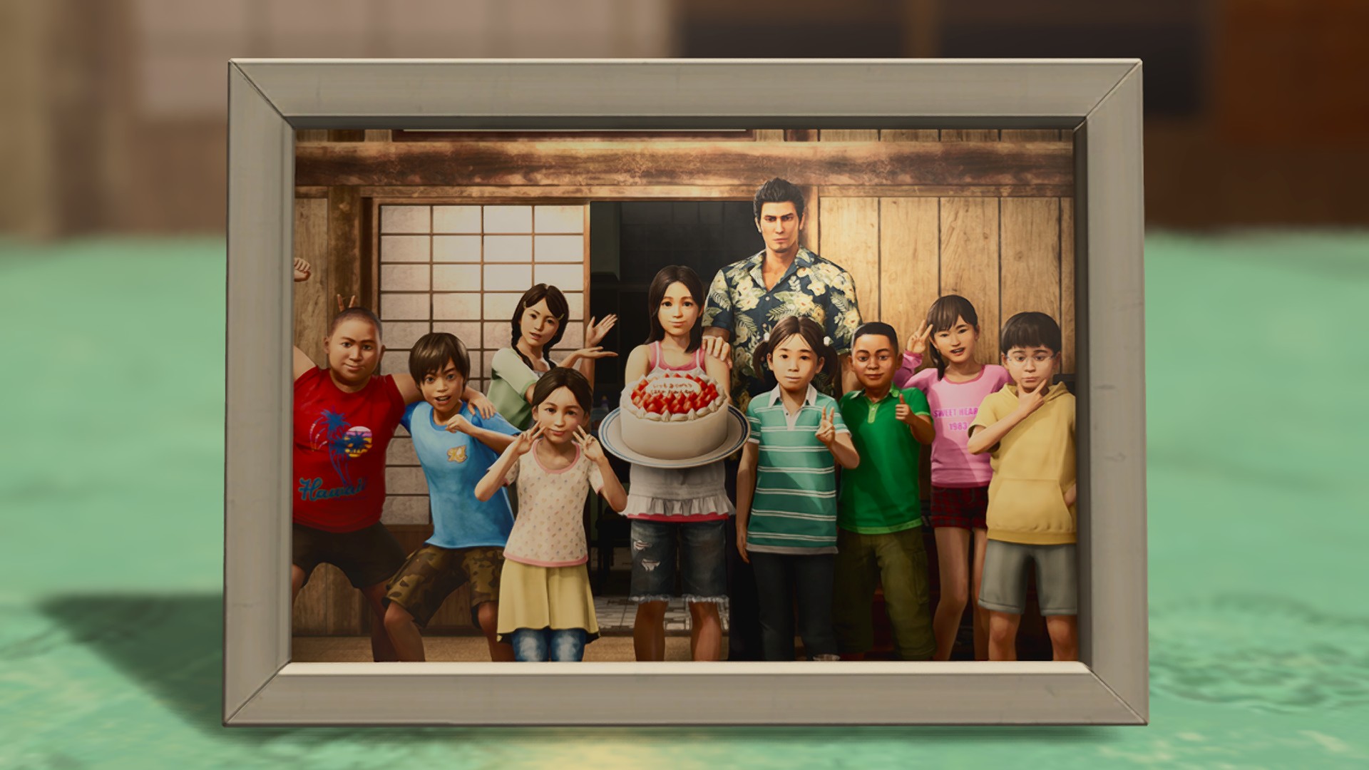 A photo in a frame of Kiryu with a group of orphans in Yakuza Kiwami 3.