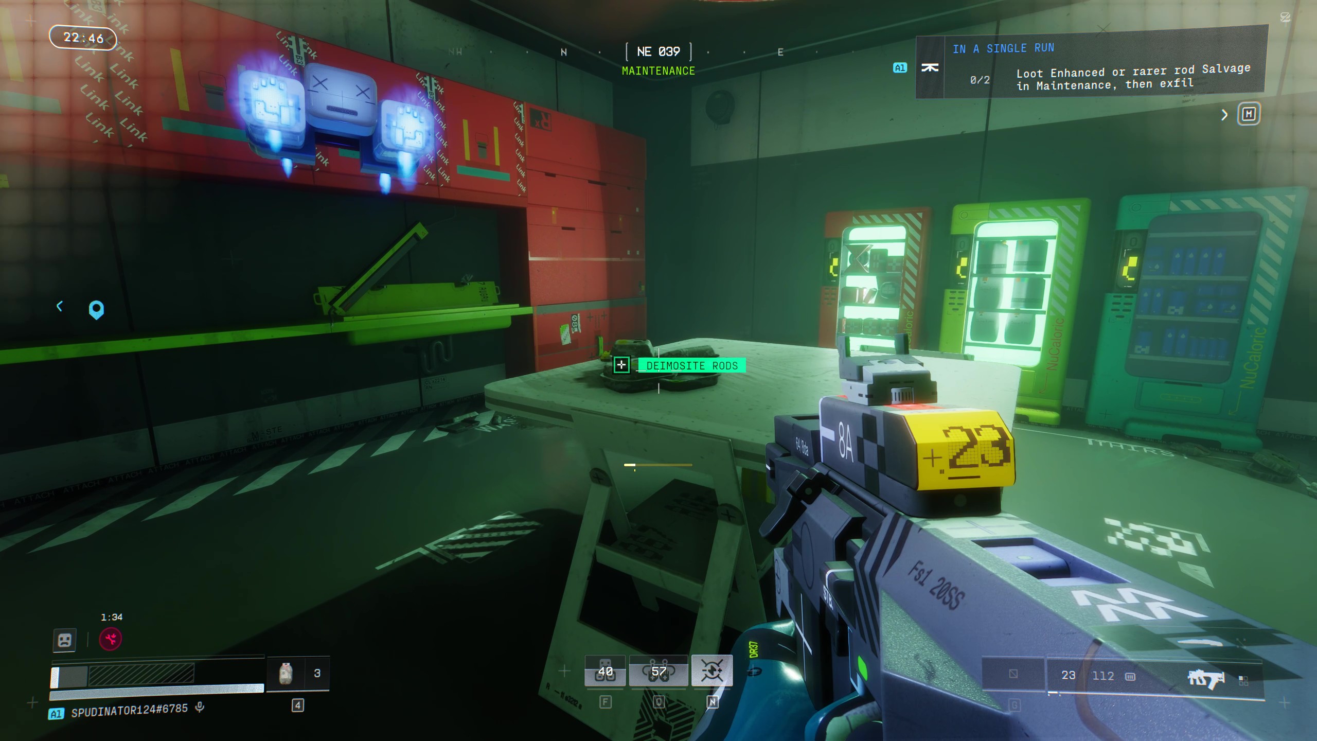 Marathon Cutthroat Competition: A player looking at Deimosite Rods on a table in Maintenance in Dire Marsh.