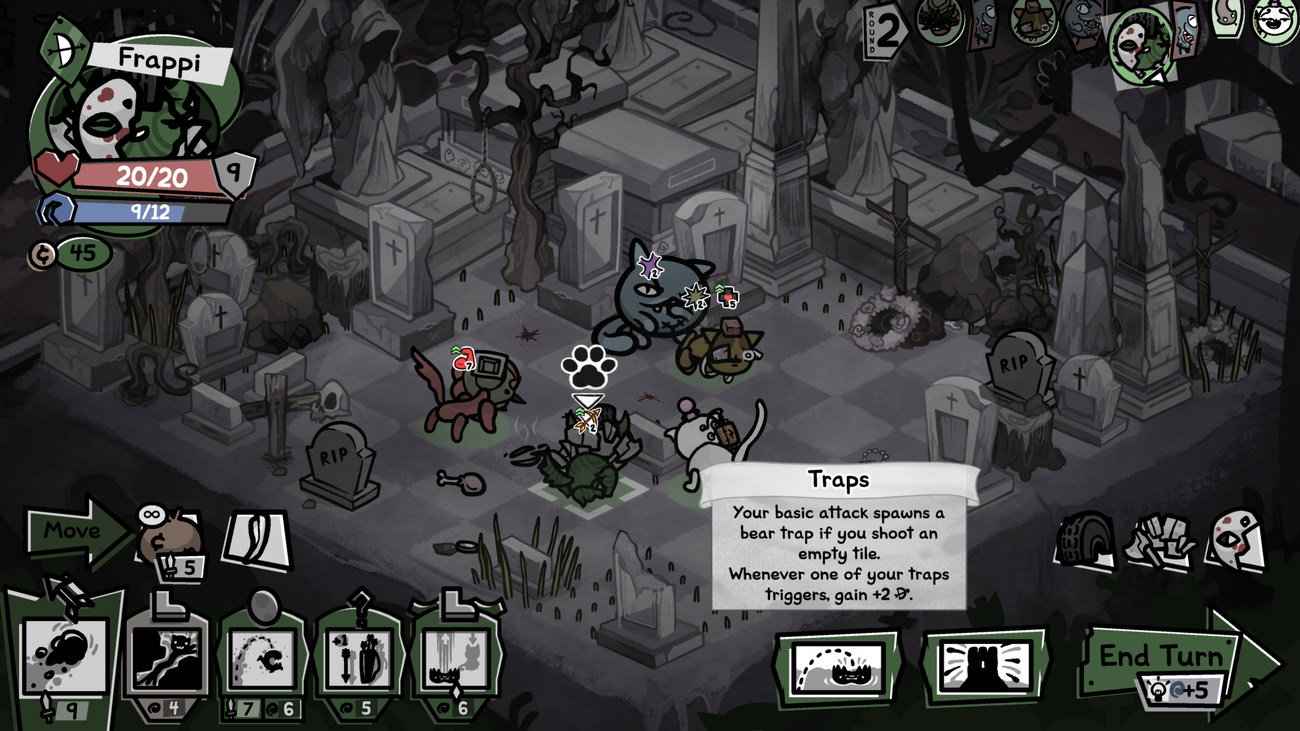 Mewgenics Dybbuk: A player inspecting the Traps passive while fighting Dybbuk in a graveyard.