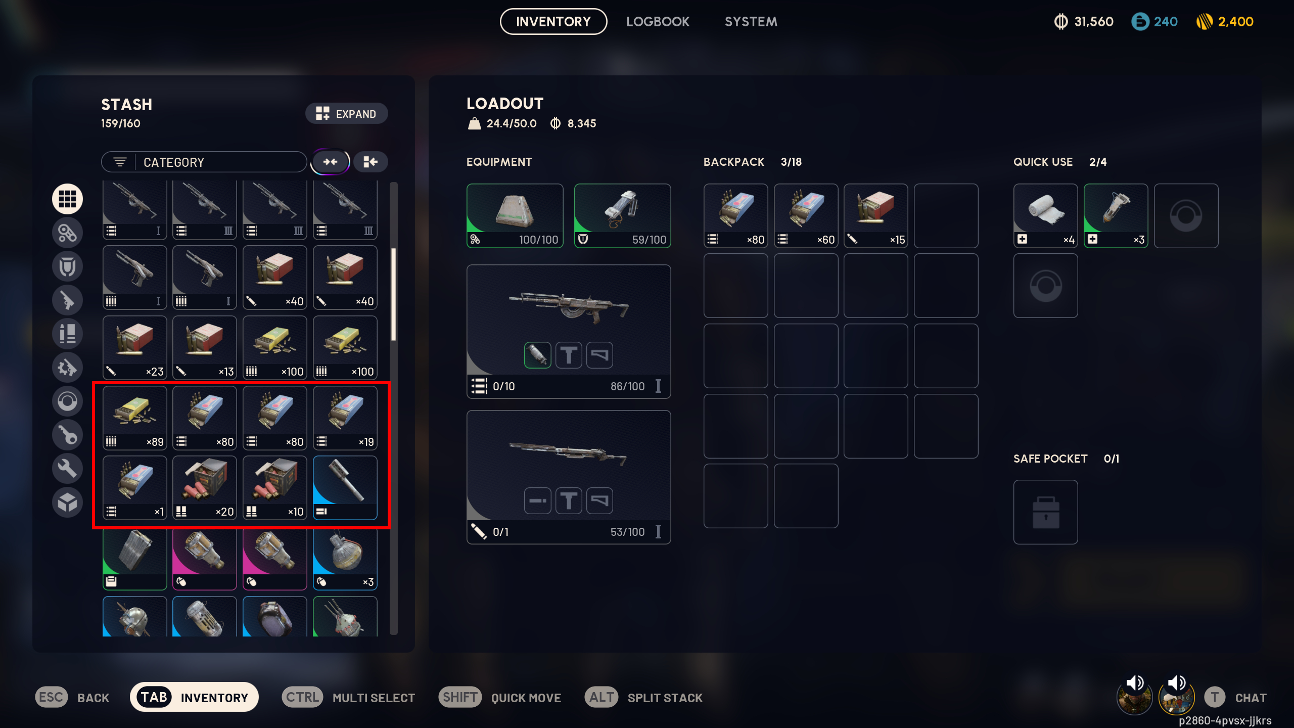 Arc Raiders loot guide: A red rectangle bringing attention to inefficient ammo item stacks in a player's inventory.