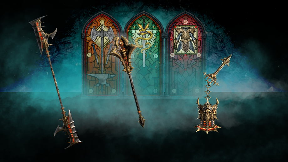 A promotional image from Diablo 4. A set of cosmetics for weapons including a glaive, mace, and a flail are shown in front of stained glass windows.