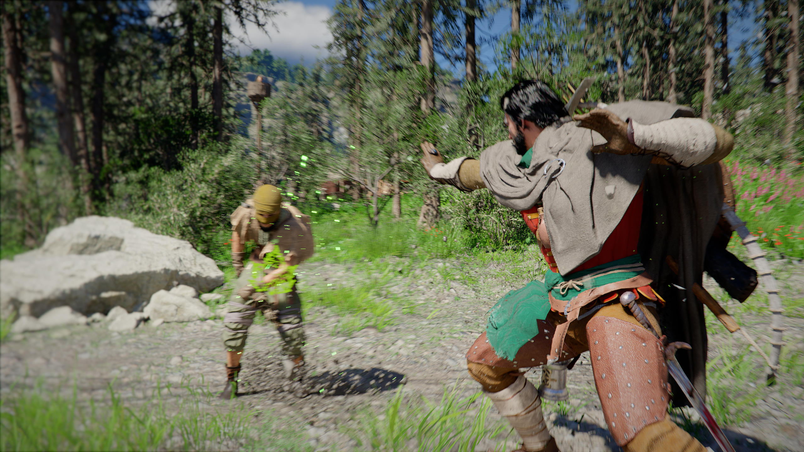 Crimson Desert skills: Kliff performing a Force Palm attack against a bandit in a grassy environment.