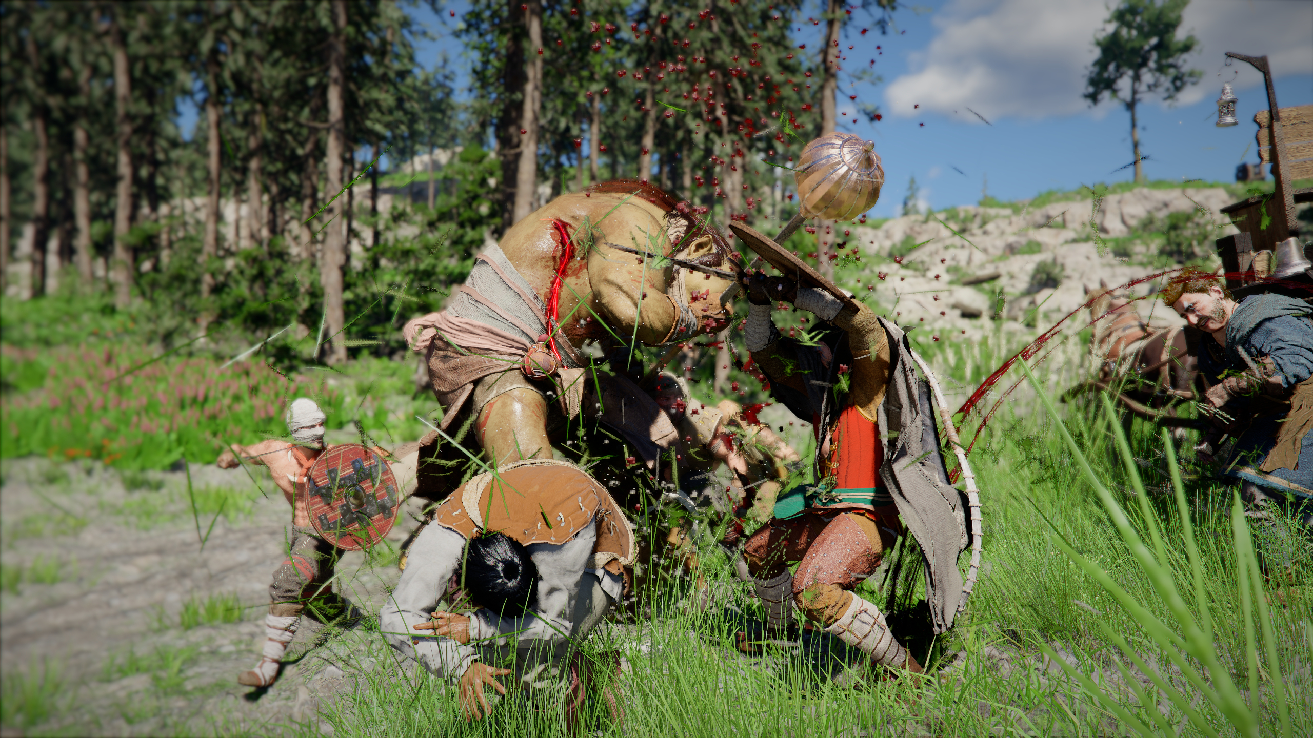 Crimson Desert skills: Kliff fighting a group of bandits in a grassy environment.