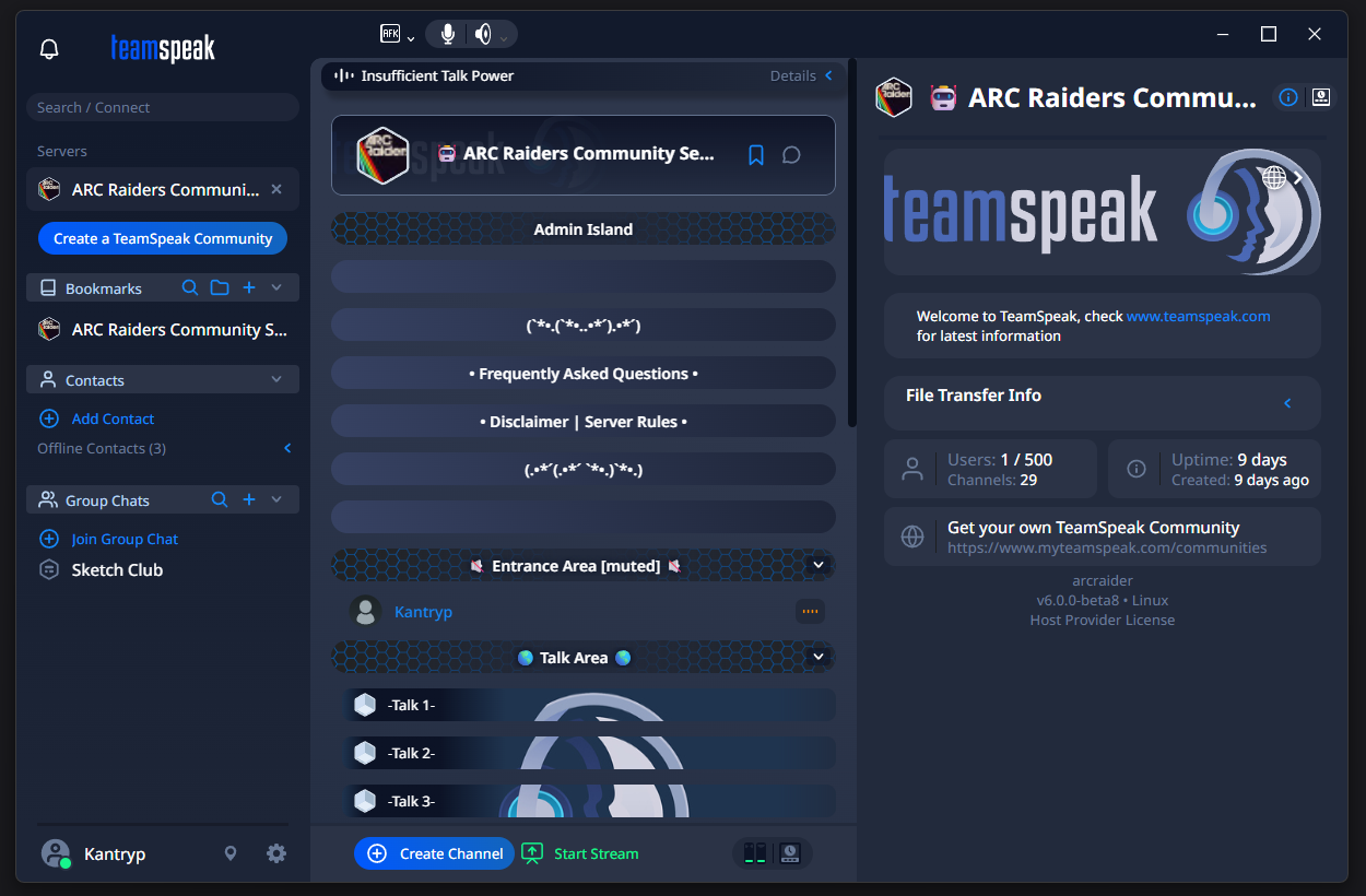 A screenshot of the new 'modern' UI for the TeamSpeak 6.0.0 Beta. The user is looking at an Arc Raiders community voice server.
