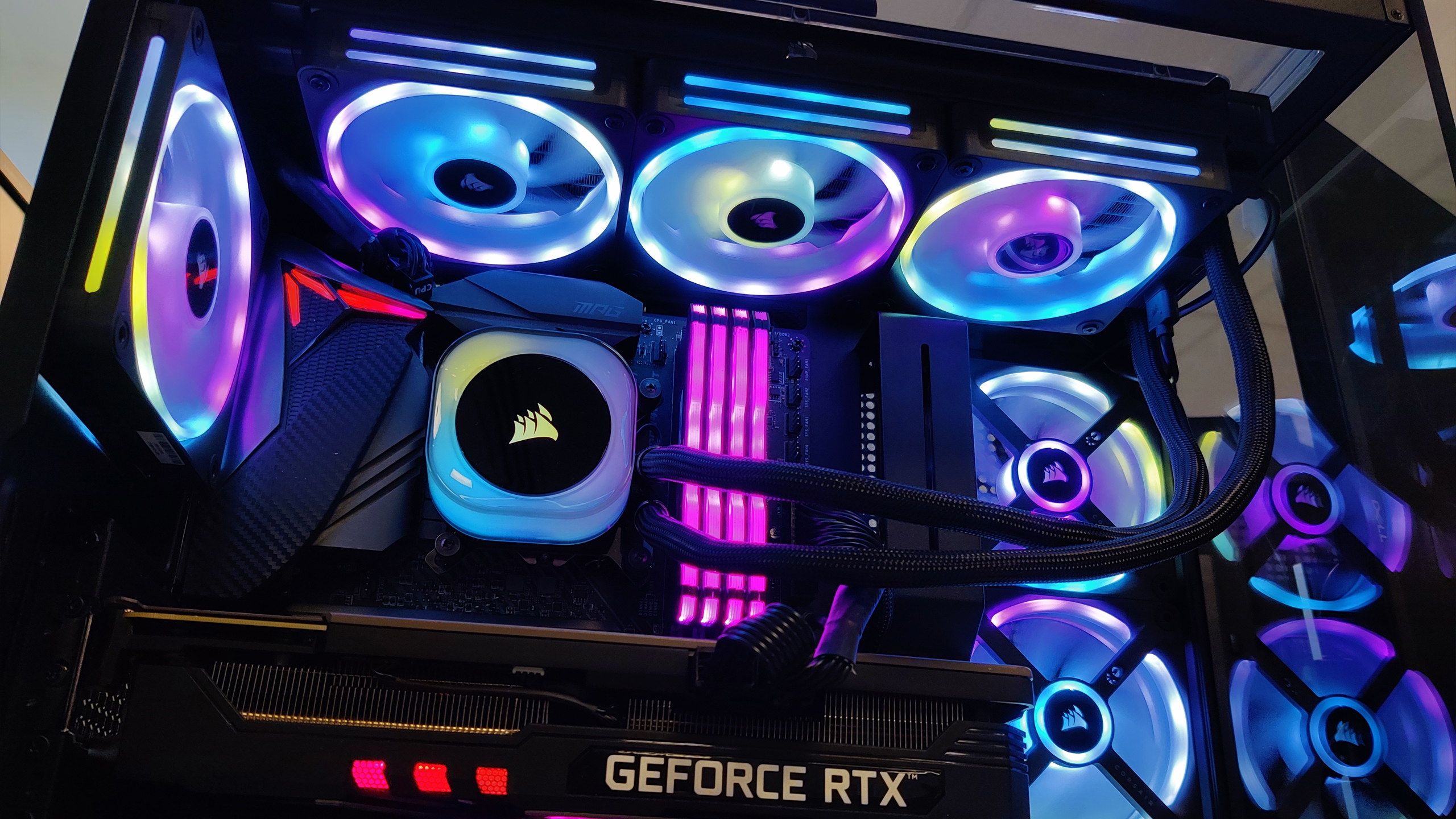 An RGB lit PC case courtesy of Corair's iCue Link cooling system starter kit.