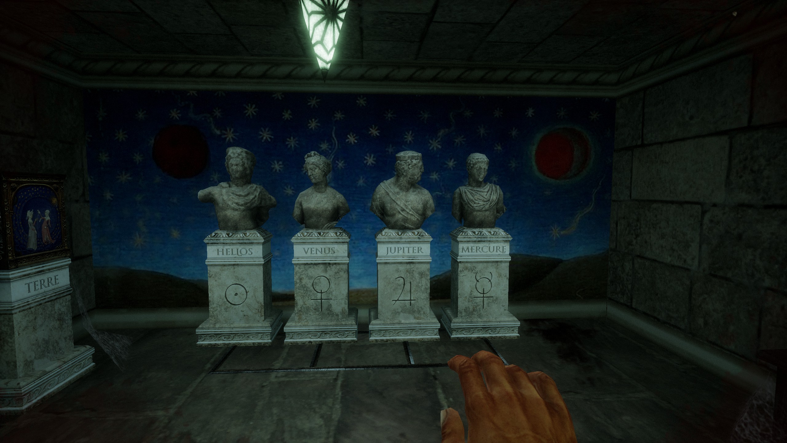 Greek busts on rails in front of night sky painting