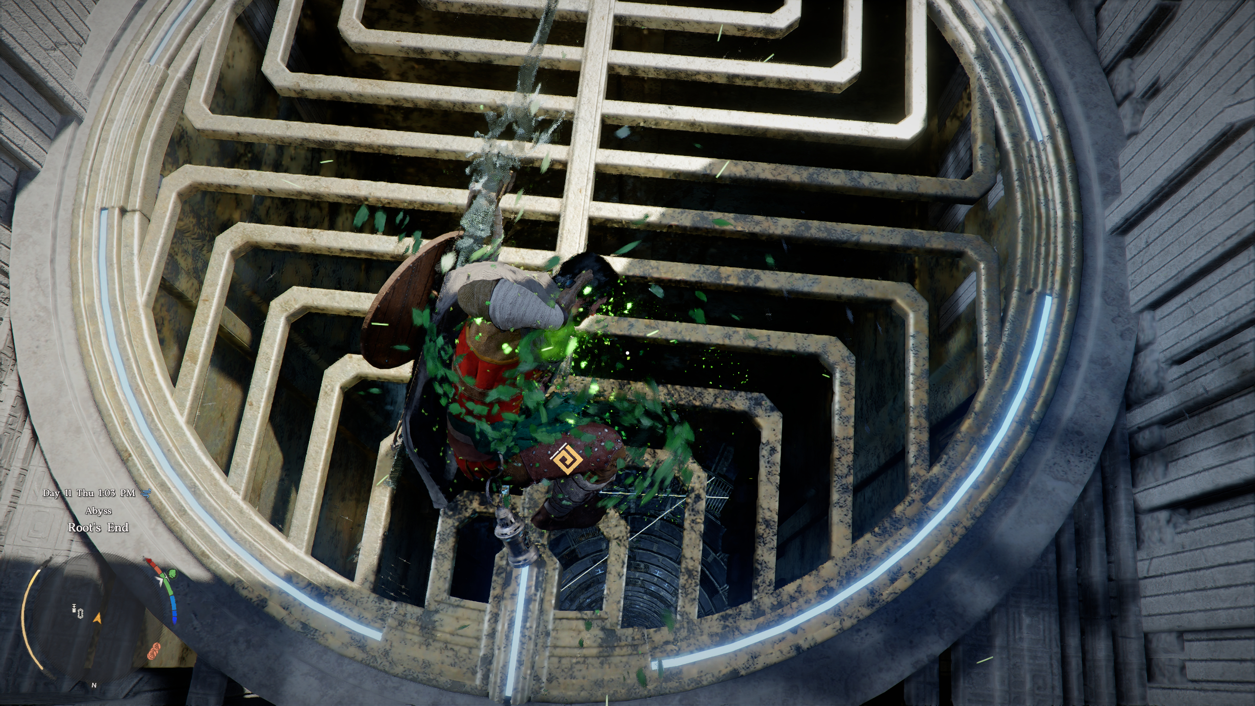 Crimson Desert Root's End: Kliff crouched on a grate above a chute, about to use Force Palm.