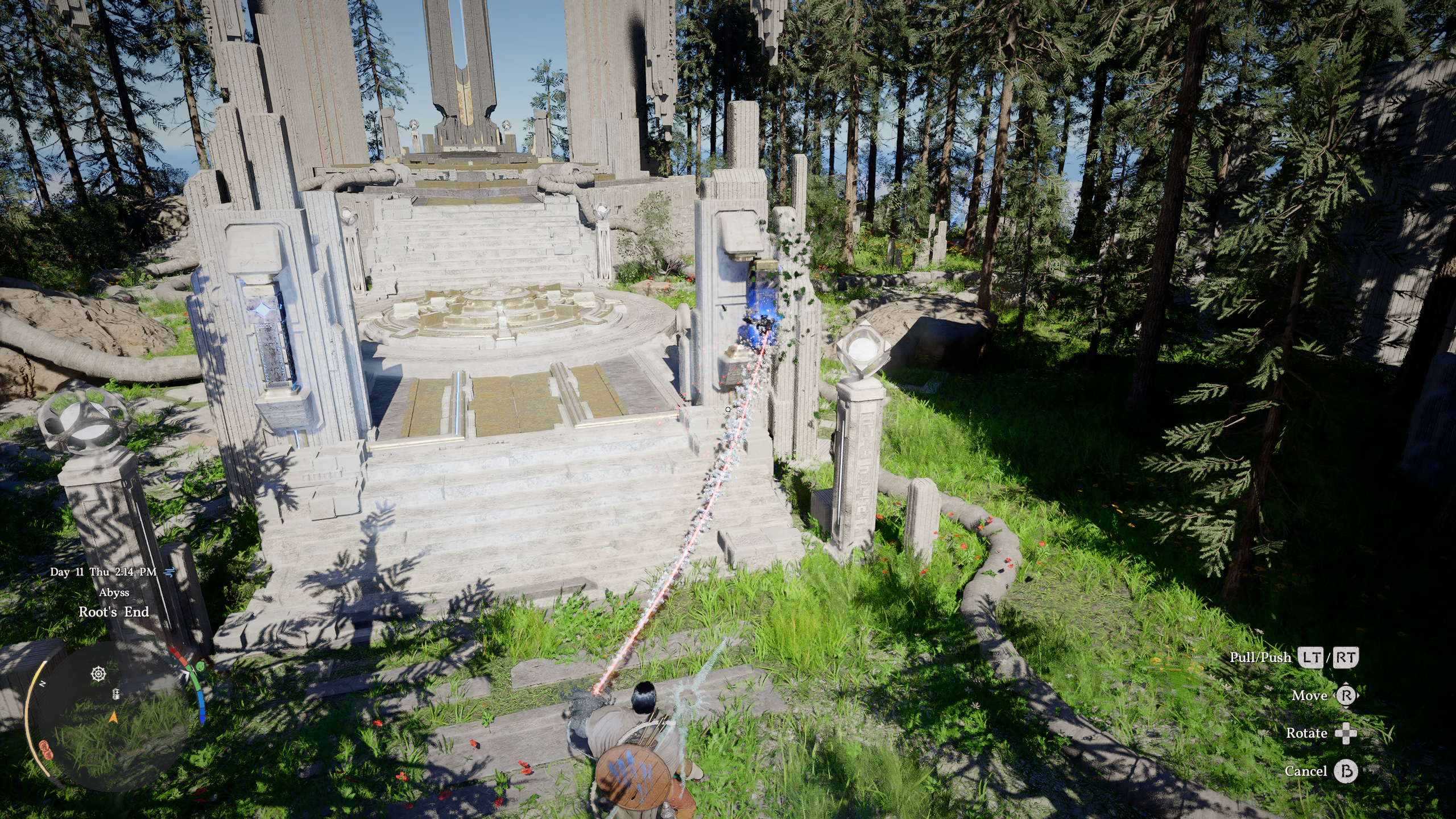 Crimson Desert Root's End: Kliff using Axiom Force on a crystal in a garden, next to stairs.