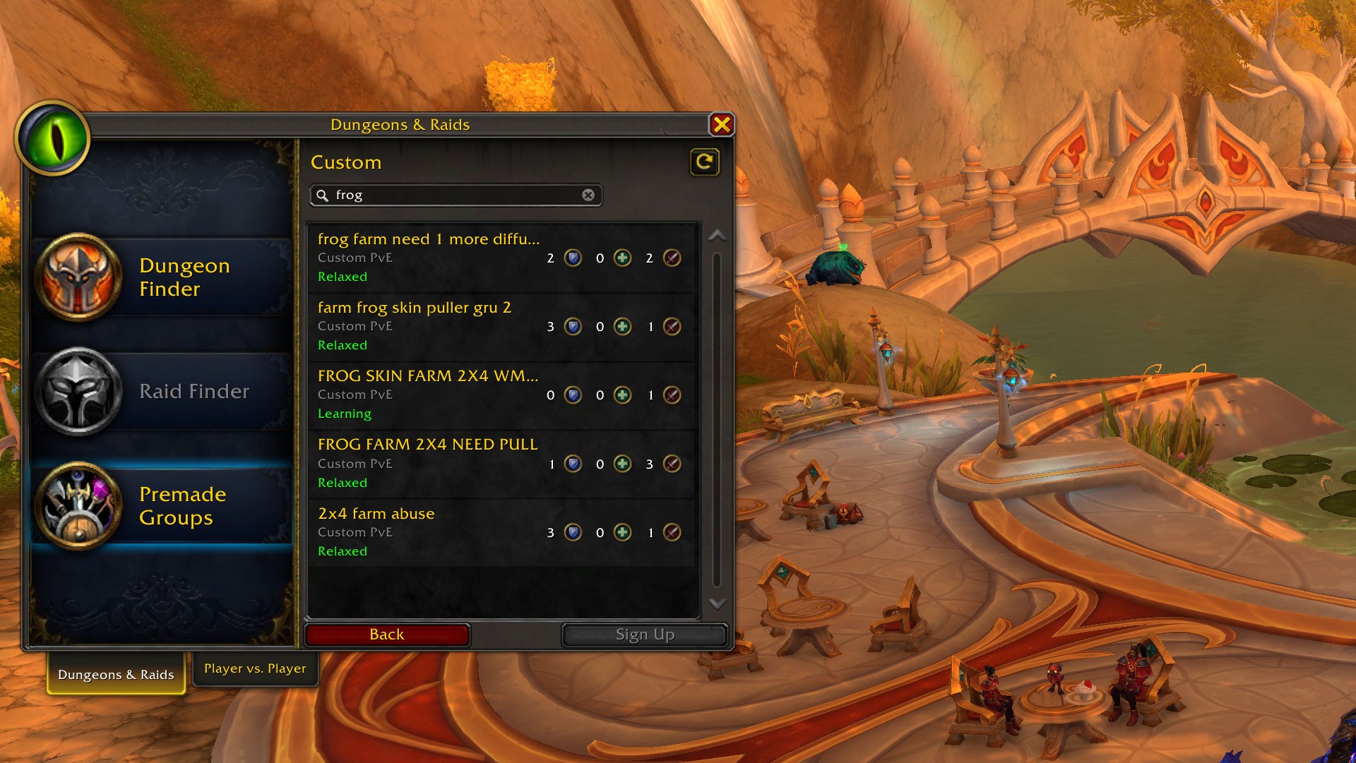 A screenshot of World of Warcraft: Midnight. A group finder window is open with several listings for a frog farm.