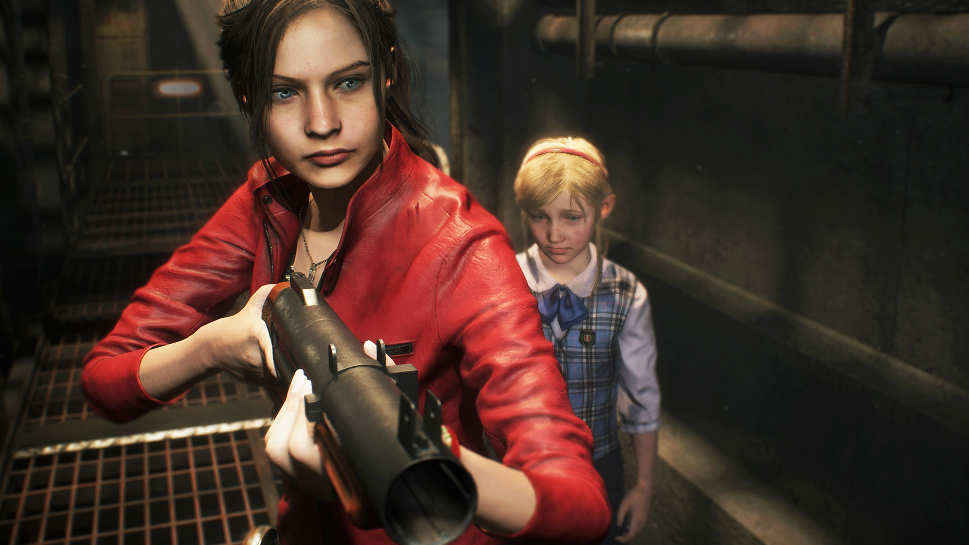 Resident Evil 2 Remake - Claire holding a grenade launcher, with Sherry behind her