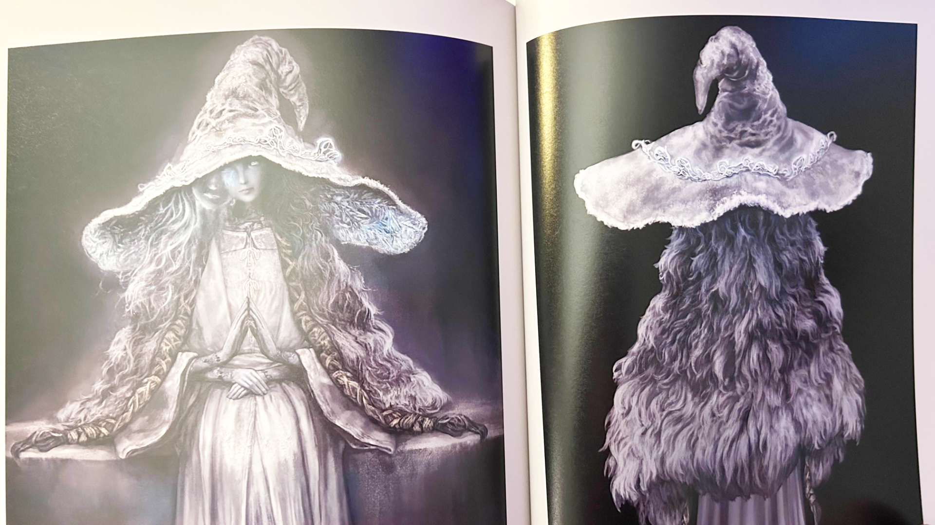 A photo of an Elden Ring concept art book. A robed character with a massive witch hat is drawn on both pages. She is facing the viewer on the left and turned around on the right.