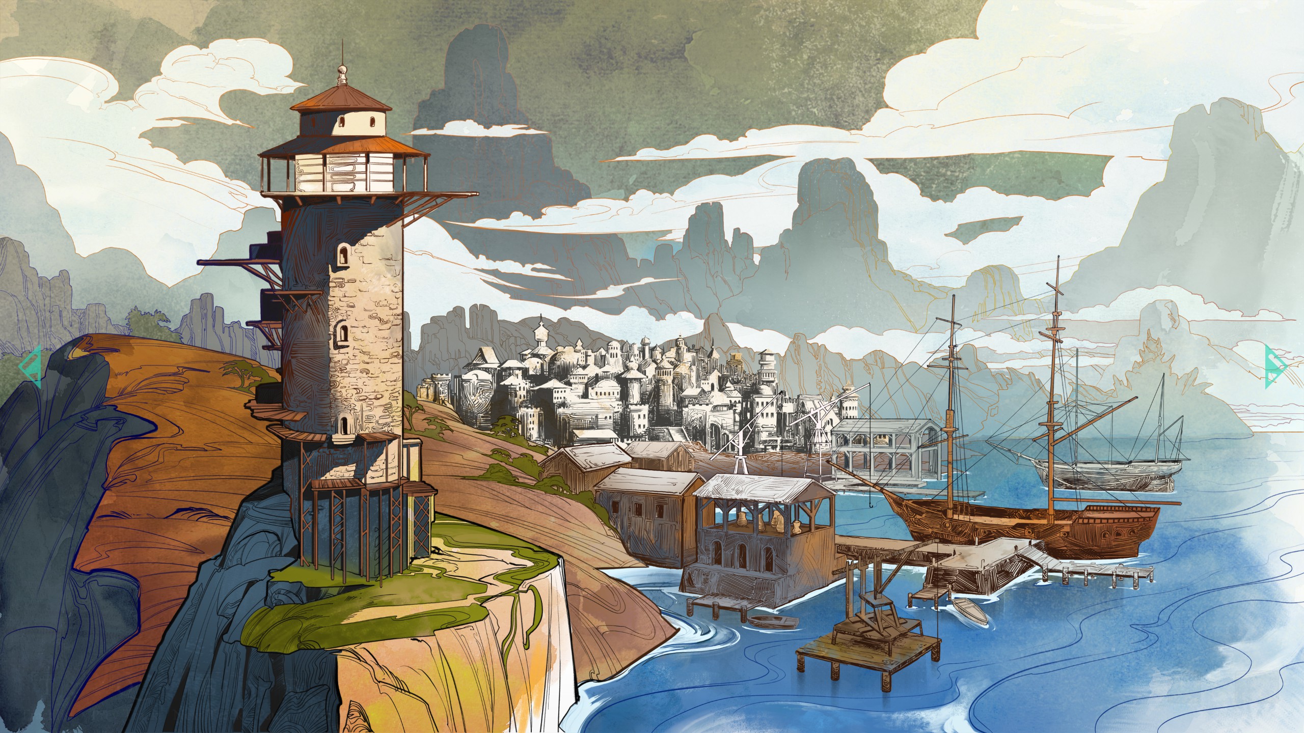 Panoramic illustration of Dawnshore from Lighthouse