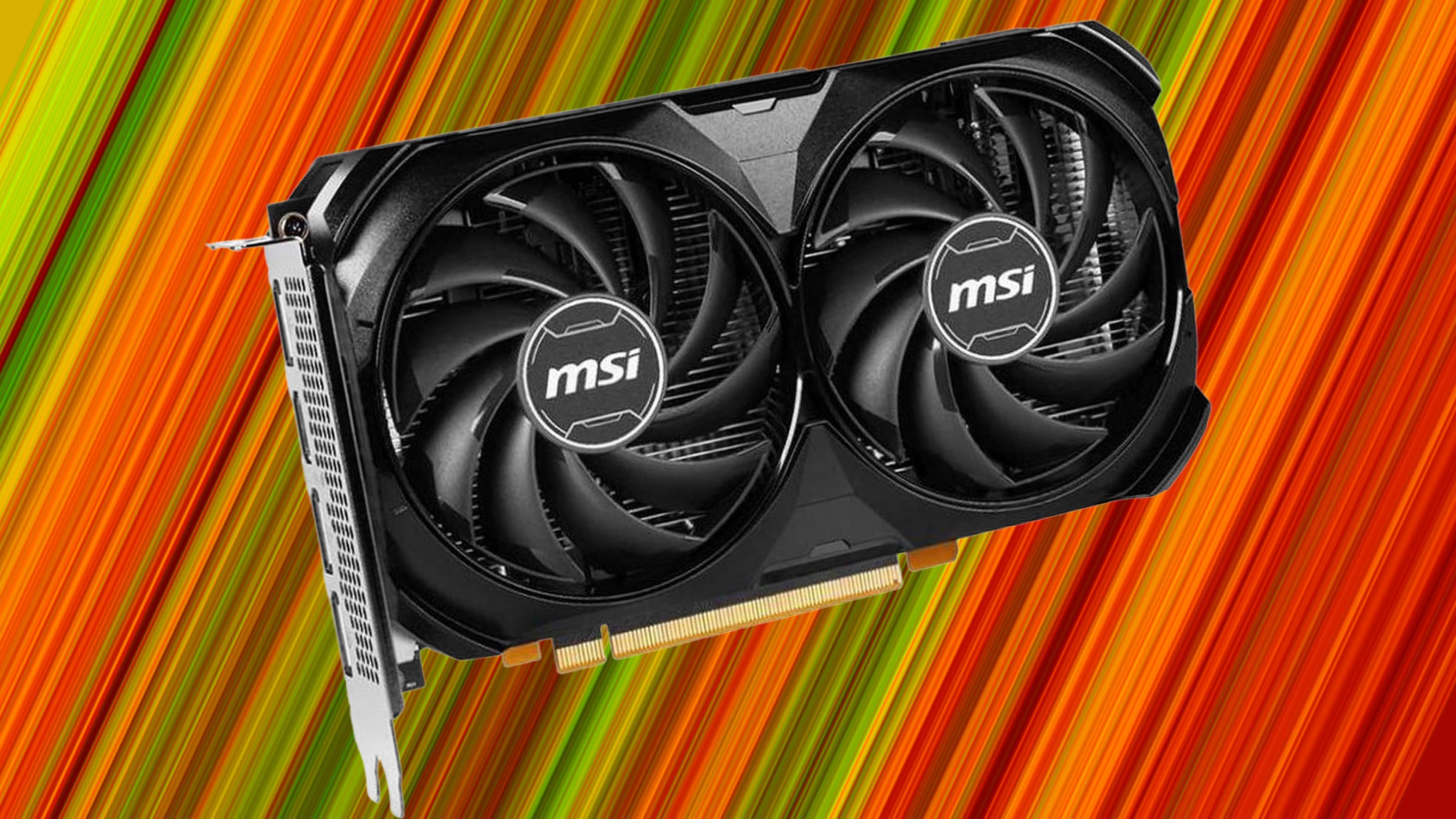 MSI RTX 4060 Ventus 2X Black OC graphics card on a green and red striped background