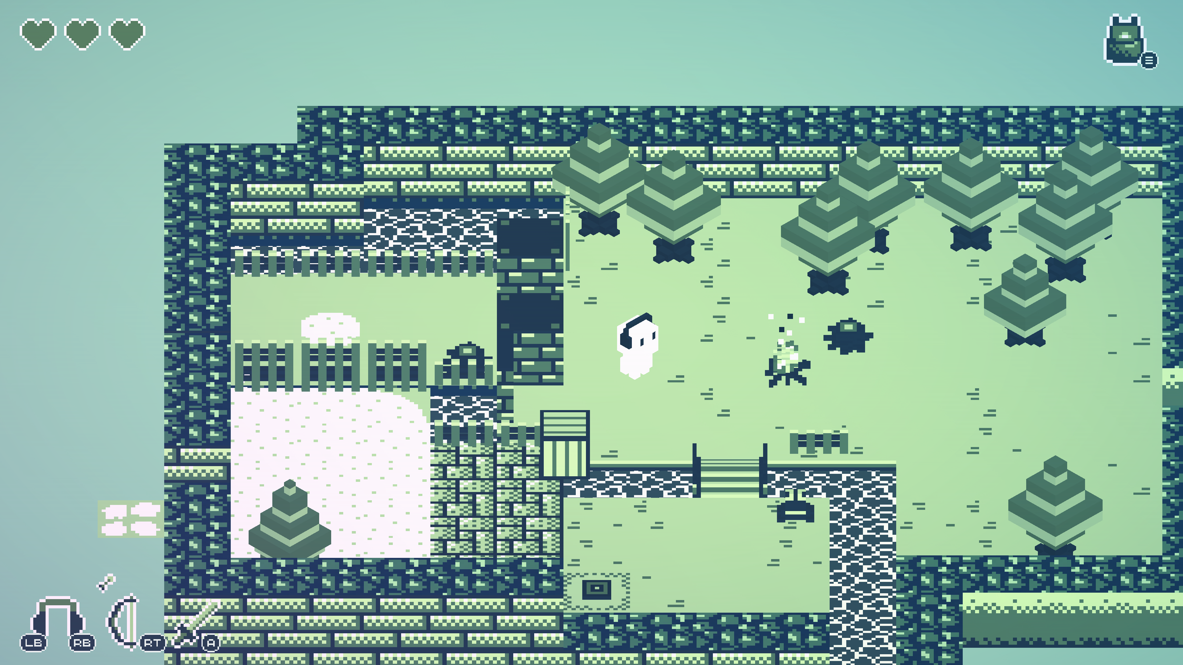 A screenshot of Cassette Boy. A small character made out of white cubes stands in a 2D forest with a river running through it.
