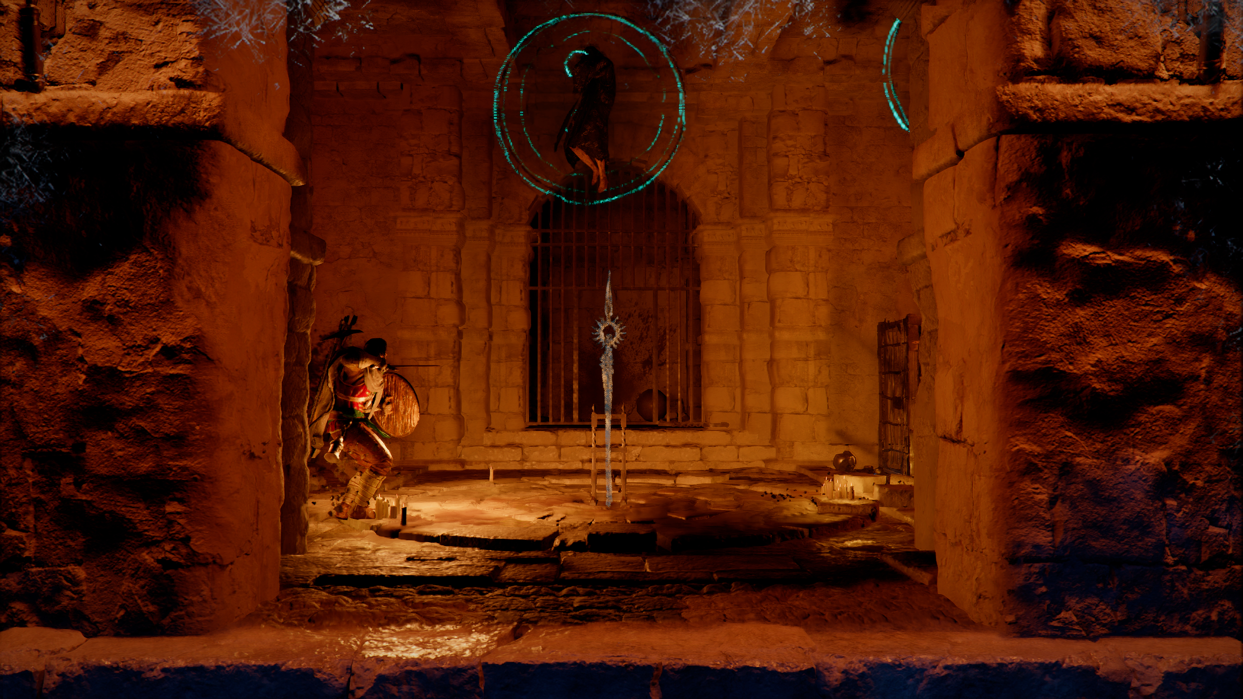 Crimson Desert Soul Spear: Kliff fighting two wizards in a small room in the ruin, next to the spear.