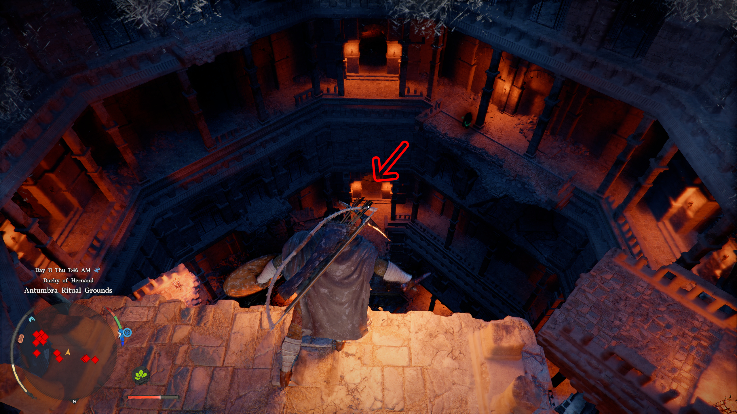 Crimson Desert Soul Spear: Kliff standing next to a ledge inside the ruin overlooking the crypt room, with a red arrow pointing inside.
