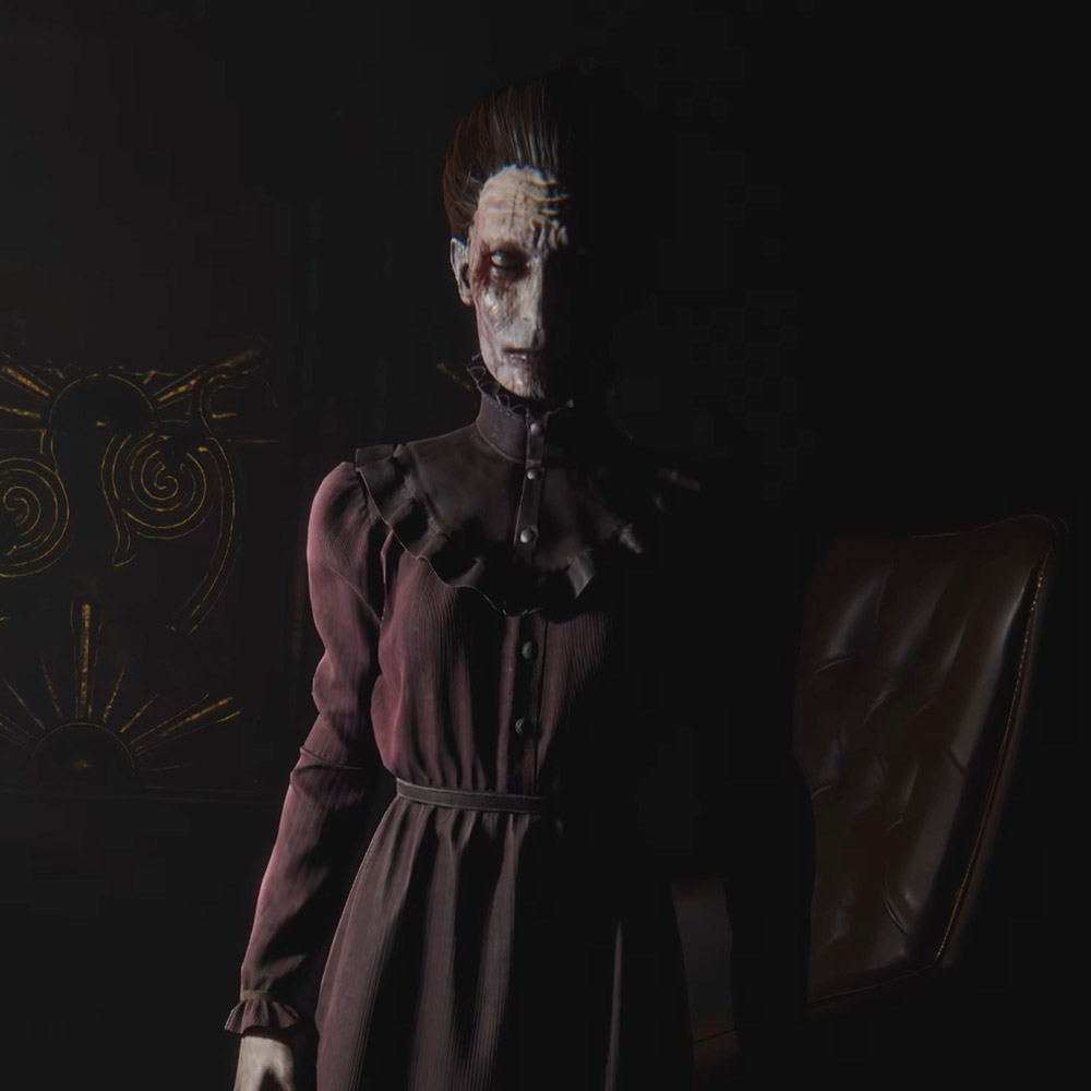 A pale woman standing in the darkness wearing a victorian-style dress from Unmourned