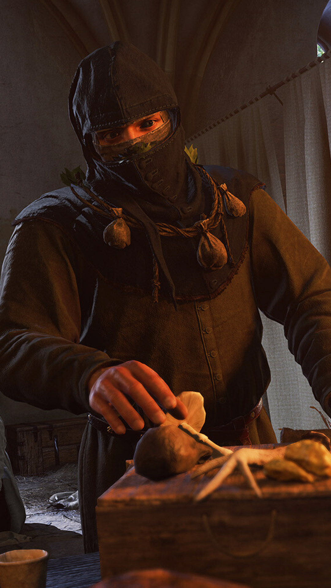 Kingdom Come: Deliverance 2 Mysteria Ecclesiae masked character with a bag of something mysterious