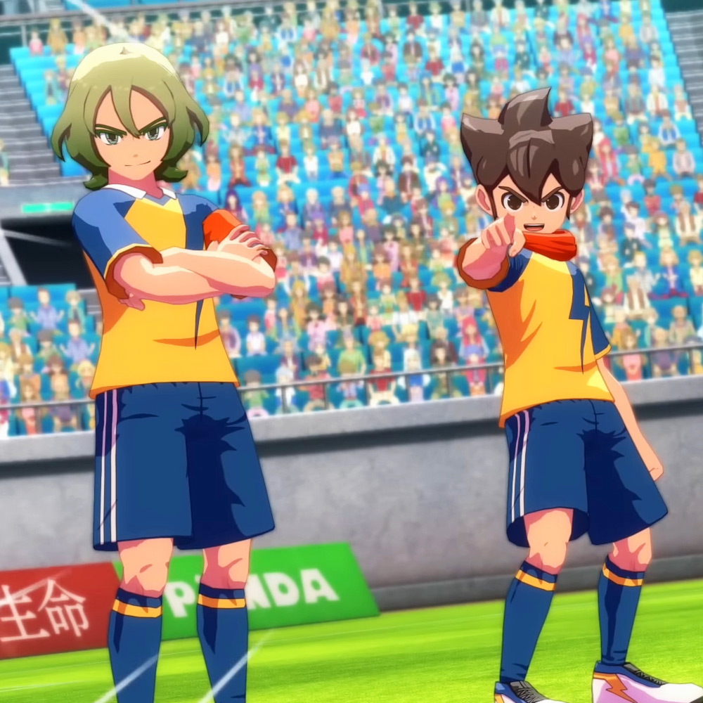 Two young boys from Inazuma Eleven standing on a football field in yellow and blue uniforms