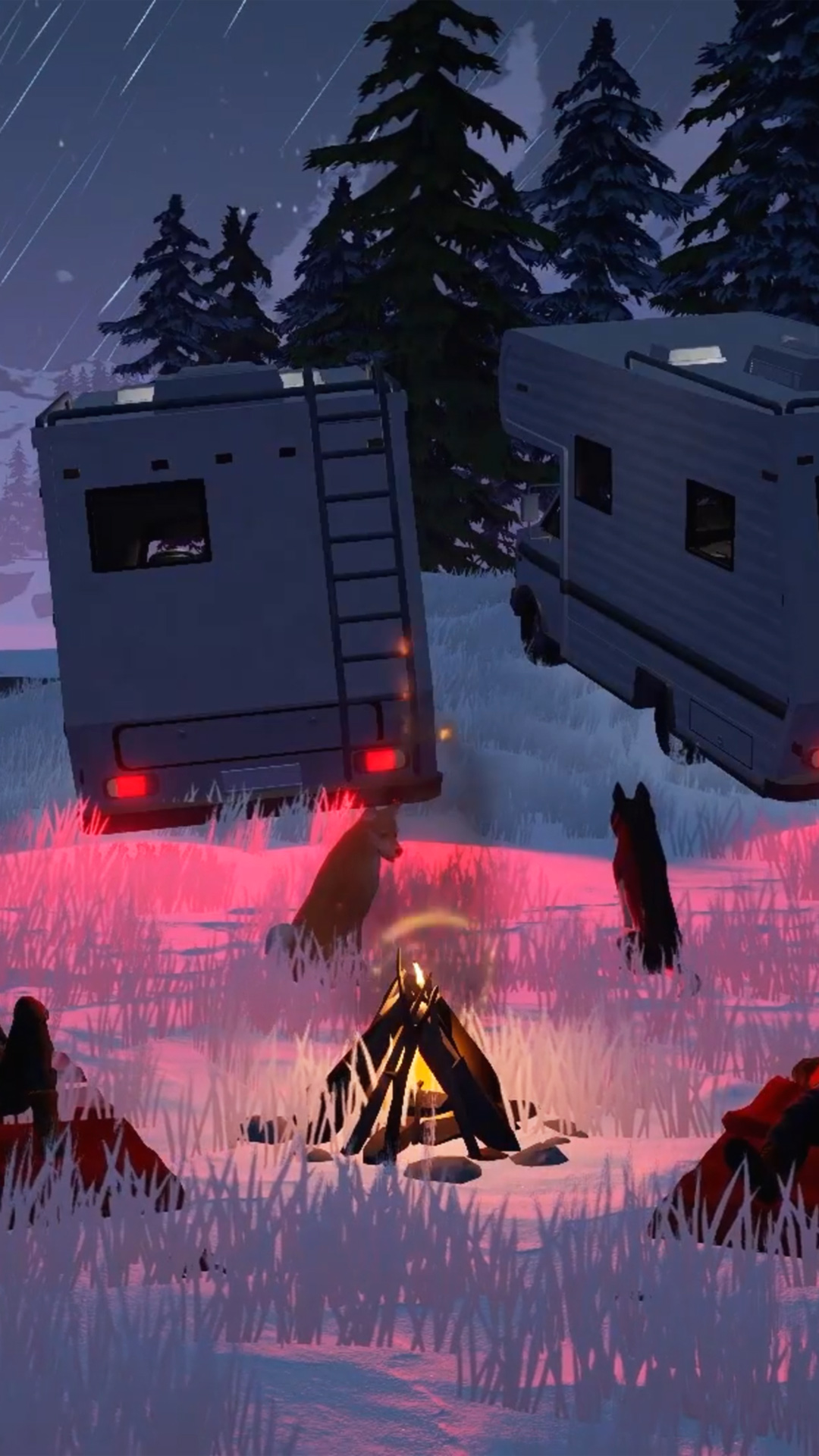 Long Drive North - Two husky-like dogs at night, sitting in front of a campfire with RVs parked behind them