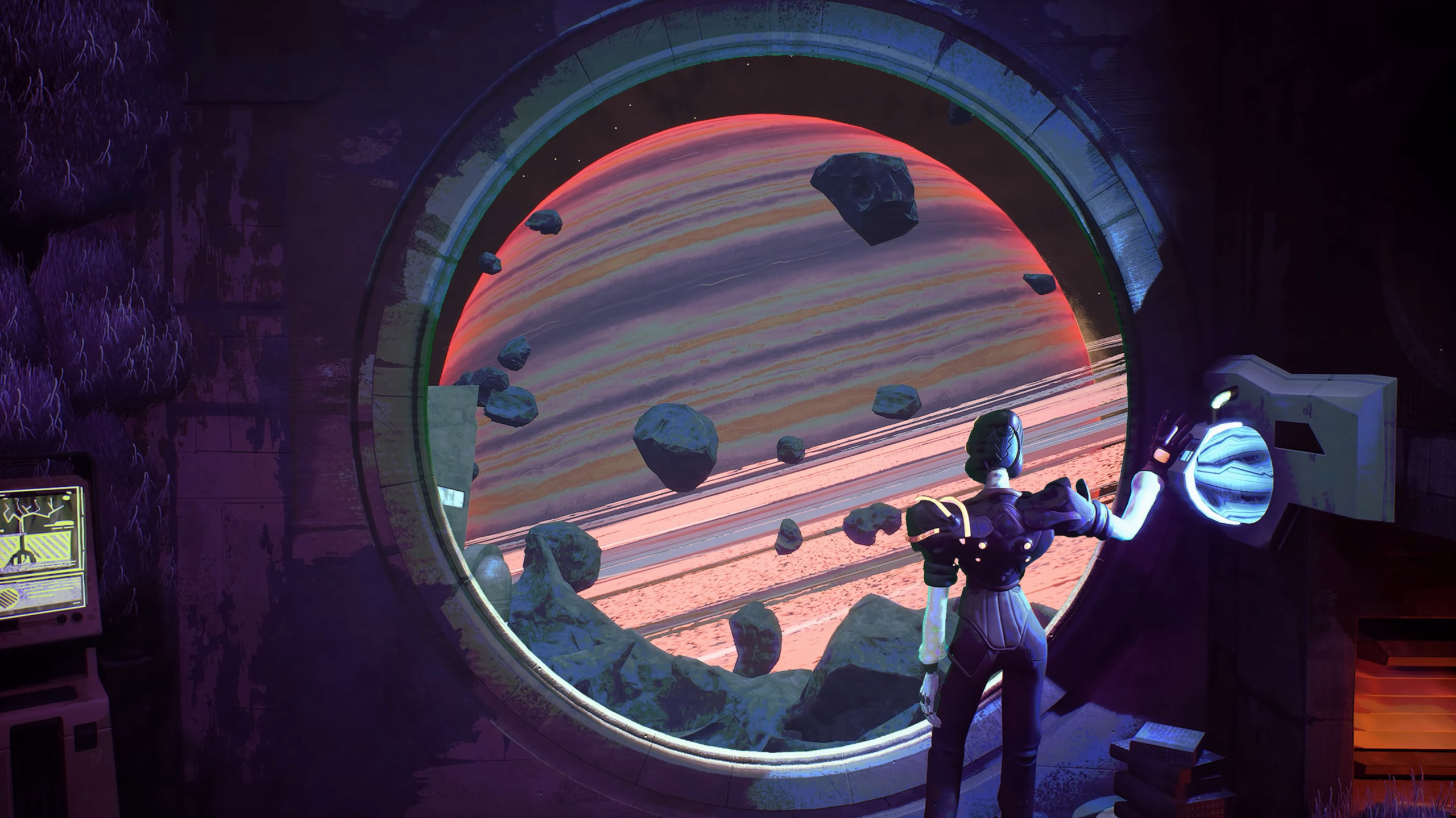 A character in Ambrosia Sky staring out a spaceship window at a pink-striped planet