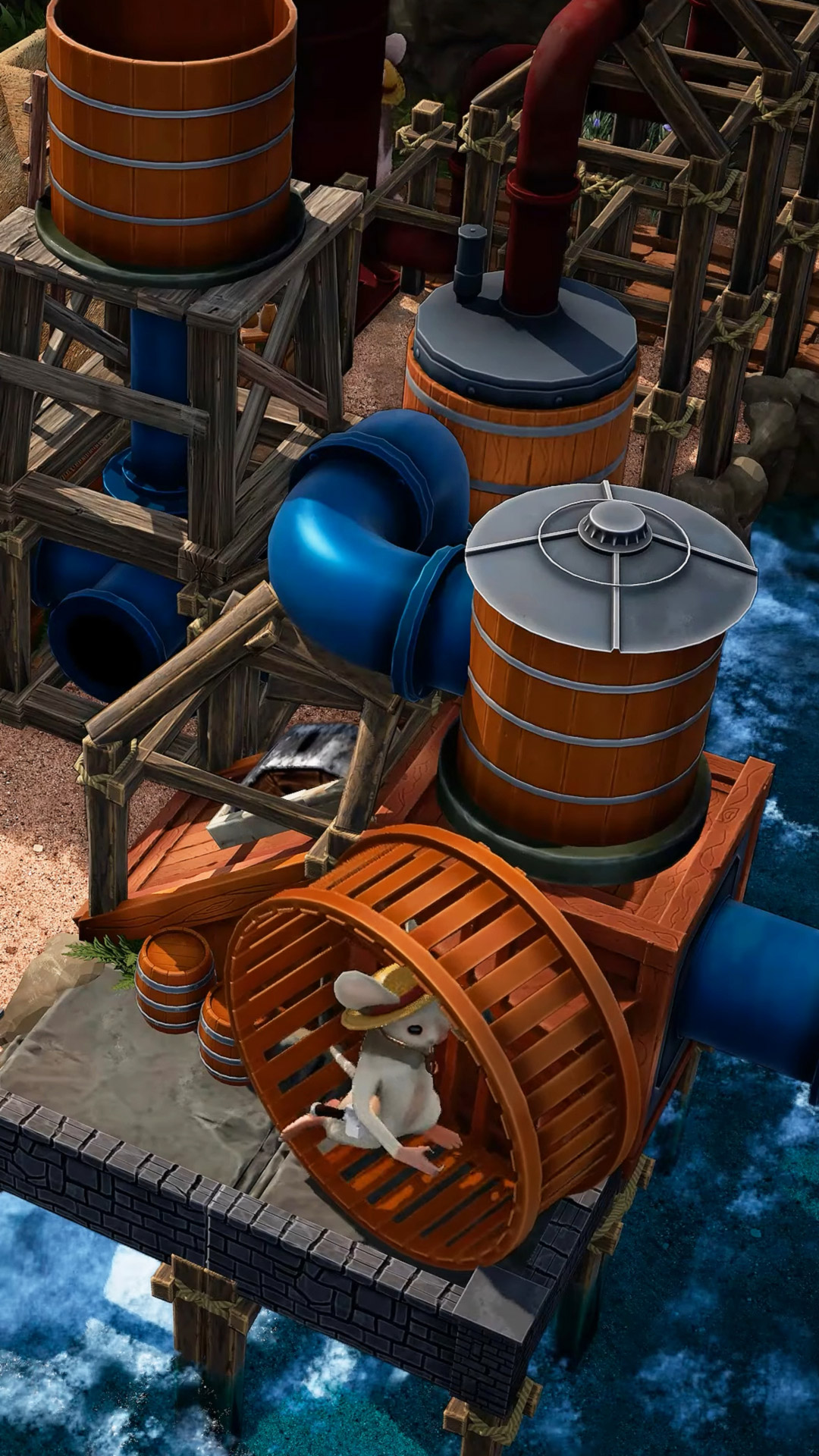 A mouse running on a wheel to power buildings in Whiskerwood