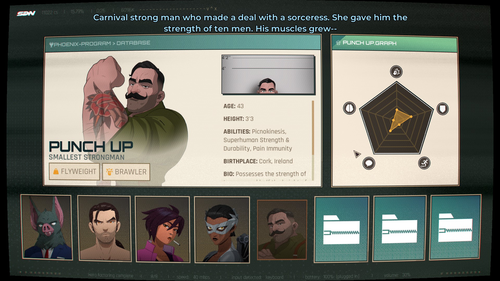 Several character bios from Dispatch, a game by AdHoc studios, going over ex-convict superheroes and their various strengths/weaknesses.